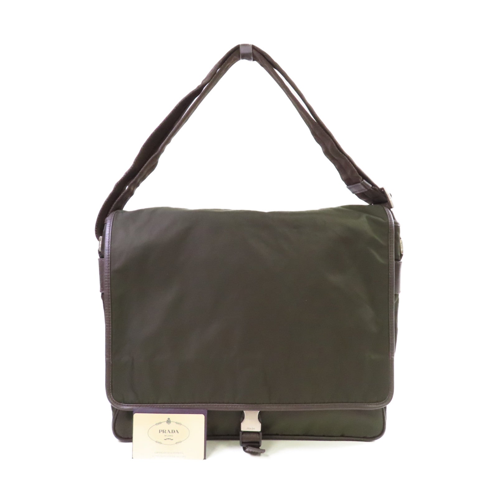PRADA 尼龍Messenger Bag銀扣肩背袋軍綠色
