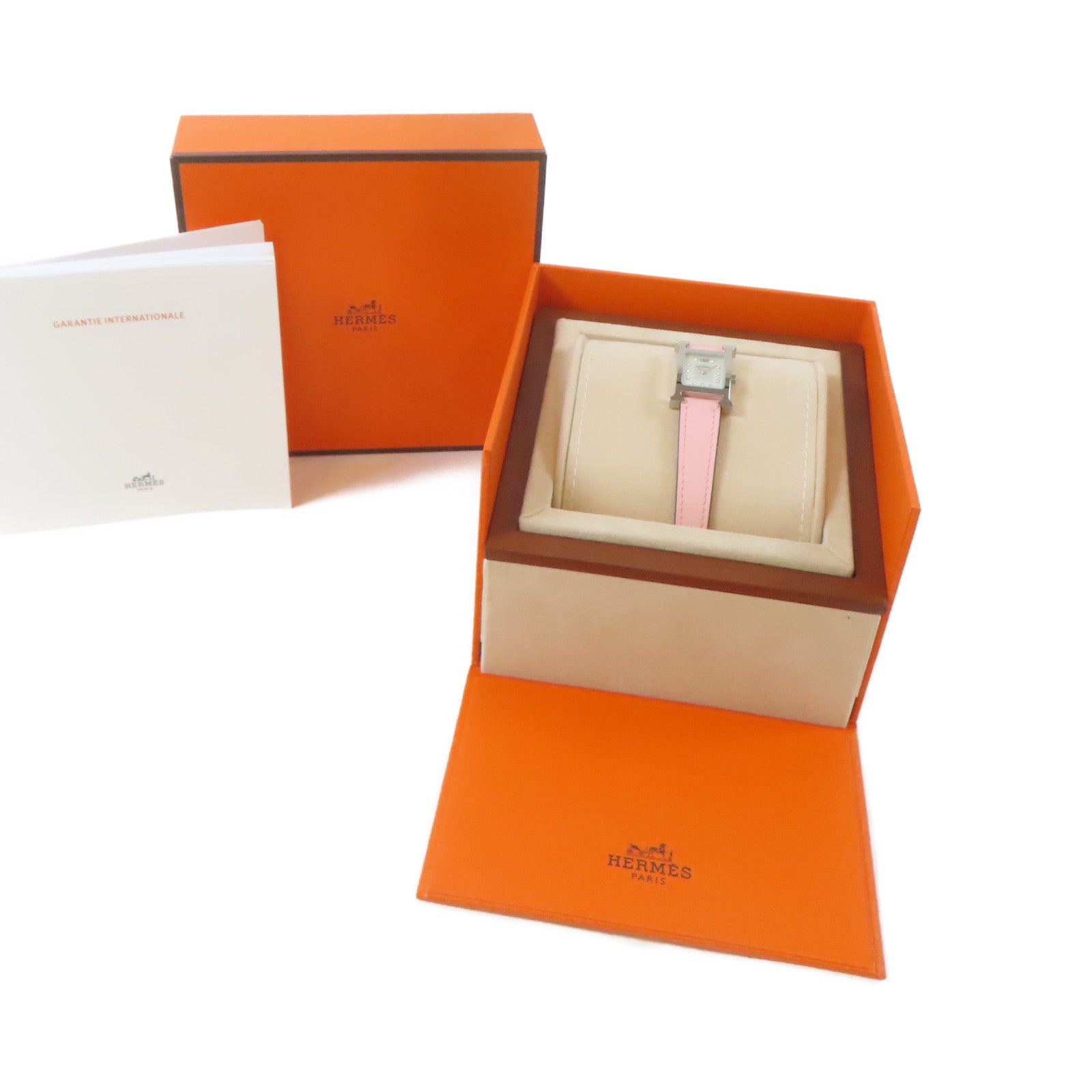 HERMES H Watch Mini不鏽鋼/皮革手錶石英機芯銀色/Rose Sakura櫻花粉紅色#15.5cm