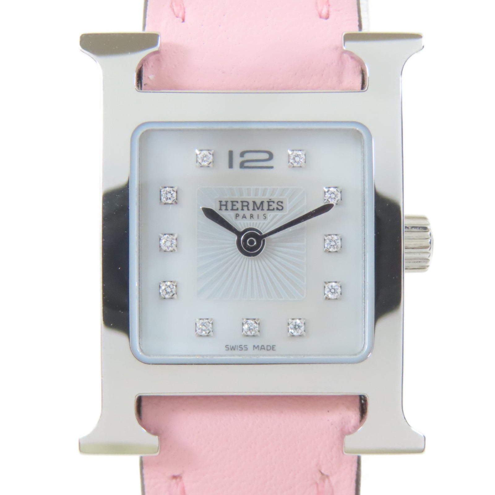HERMES H Watch Mini不鏽鋼/皮革手錶石英機芯銀色/Rose Sakura櫻花粉紅色#15.5cm