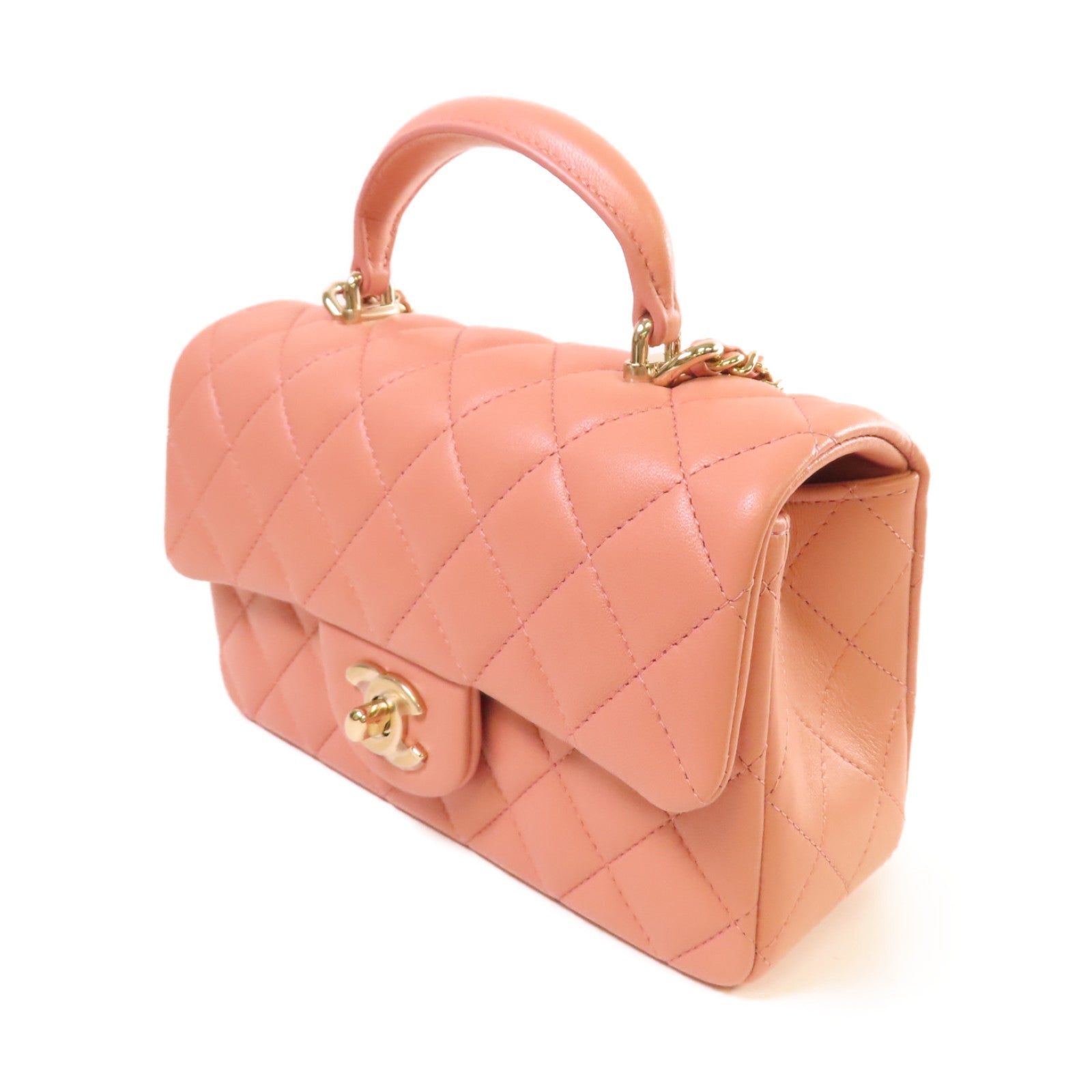 CHANEL 【激減優惠】菱格牛皮皮革Mini Flap Bag With Handle 2Way Shoulder Bag金扣鏈帶手挽肩背兩用袋粉紅色