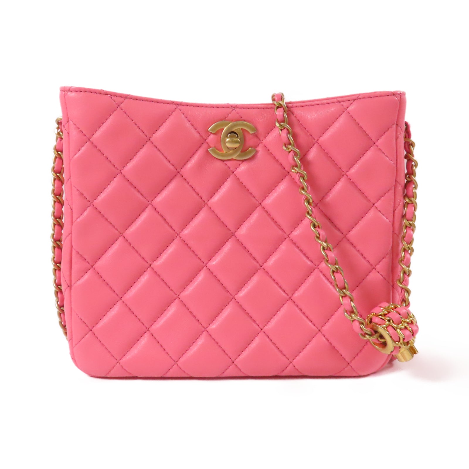 CHANEL 【激減優惠】菱格羊皮皮革Chain Shoulder金扣鏈帶肩背袋粉紅色