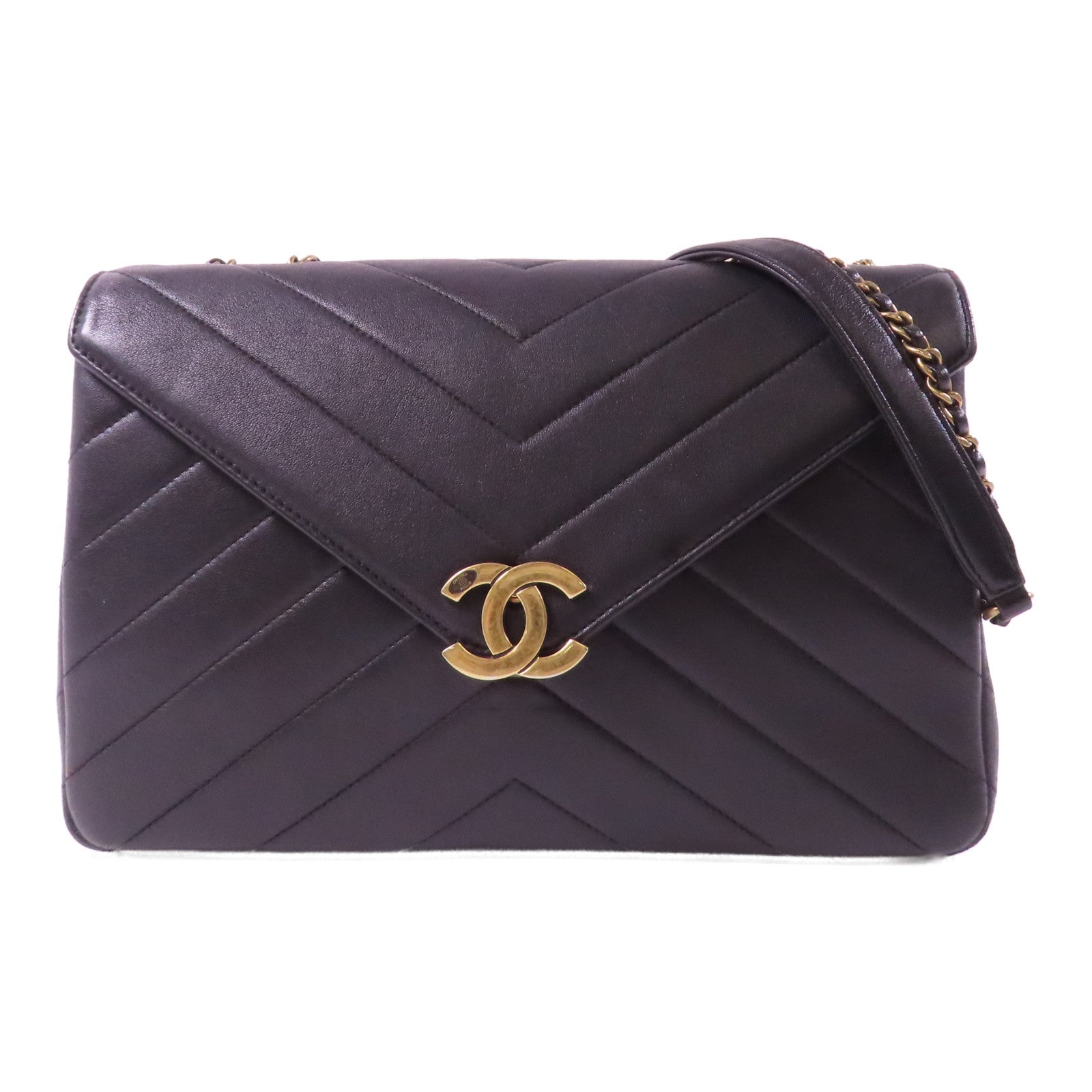 CHANEL 斜紋牛皮皮革Chain Shoulder金扣鏈帶肩背袋黑色