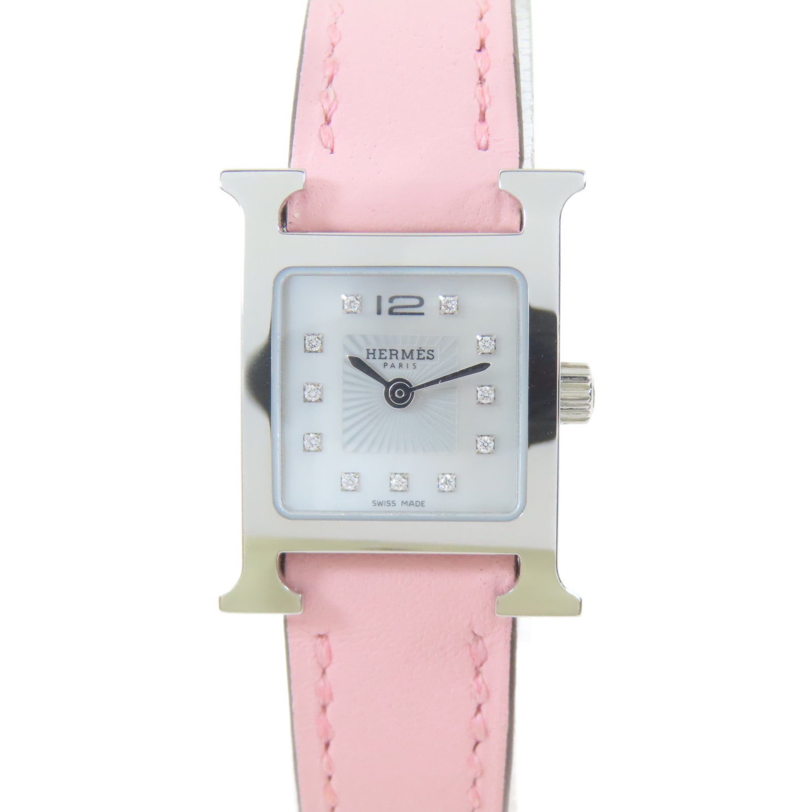 HERMES H Watch Mini不鏽鋼/皮革手錶石英機芯銀色/Rose Sakura櫻花粉紅色#15.5cm