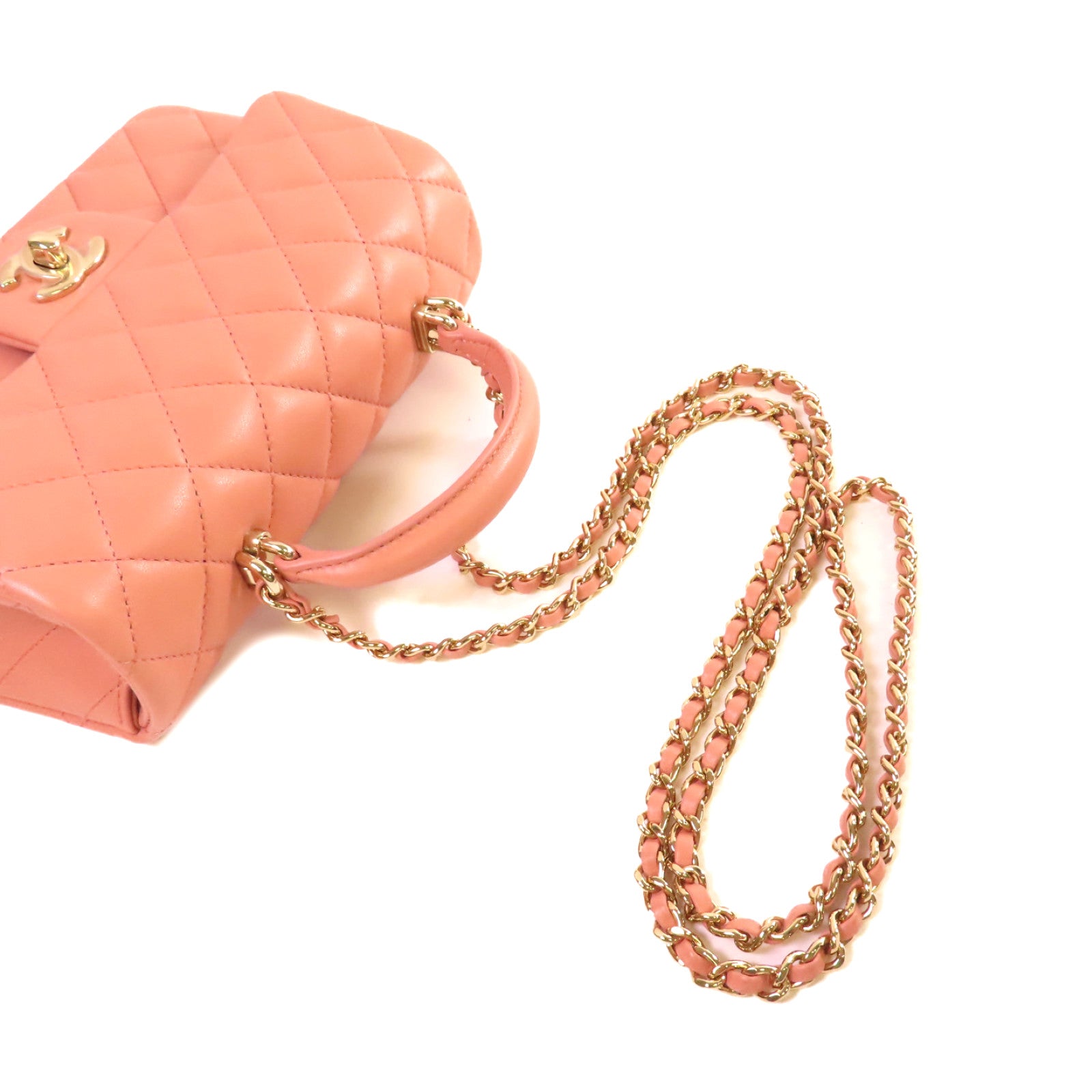 CHANEL 【激減優惠】菱格牛皮皮革Mini Flap Bag With Handle 2Way Shoulder Bag金扣鏈帶手挽肩背兩用袋粉紅色
