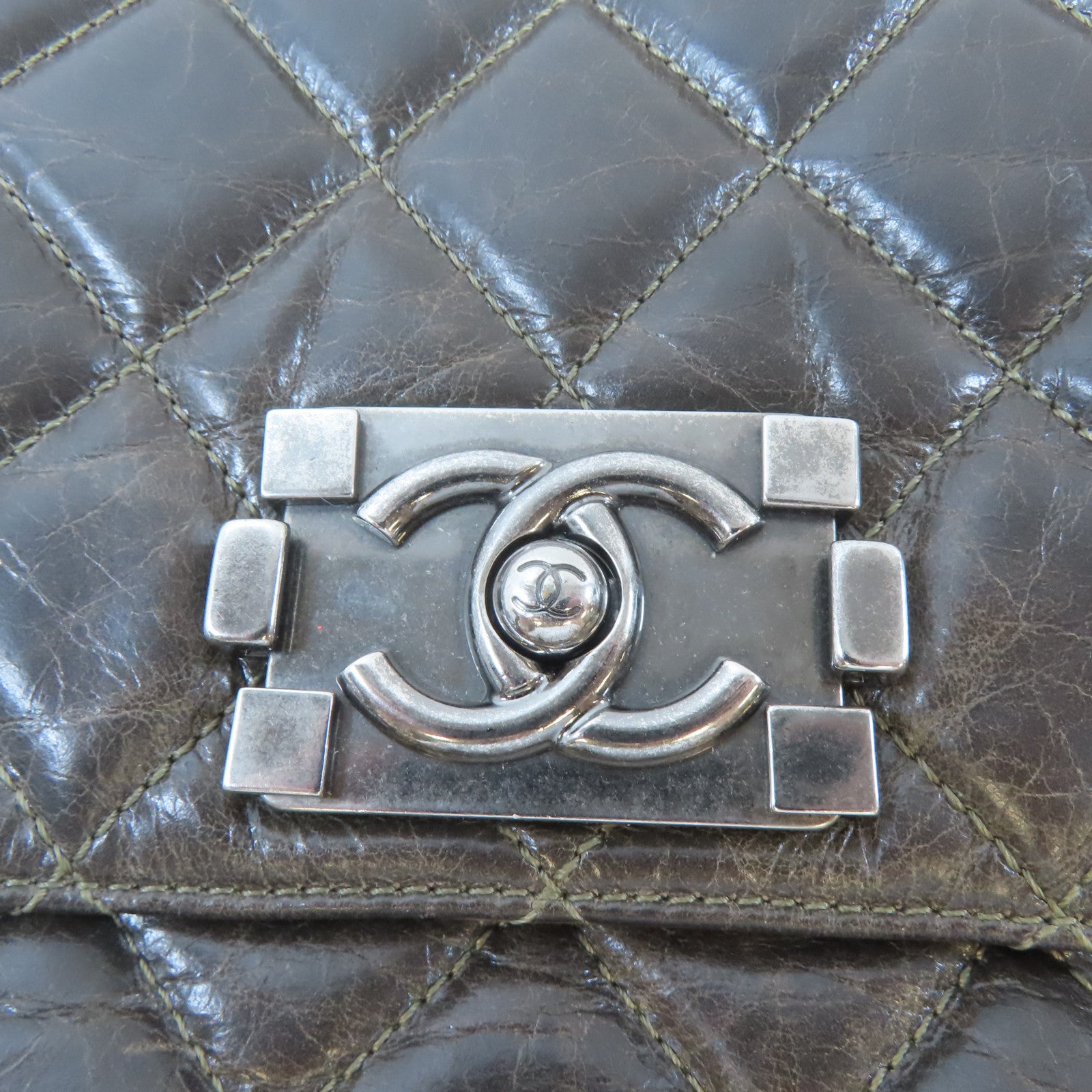 CHANEL 菱格牛皮皮革Chain Shoulder銀扣鏈帶肩背袋啡色