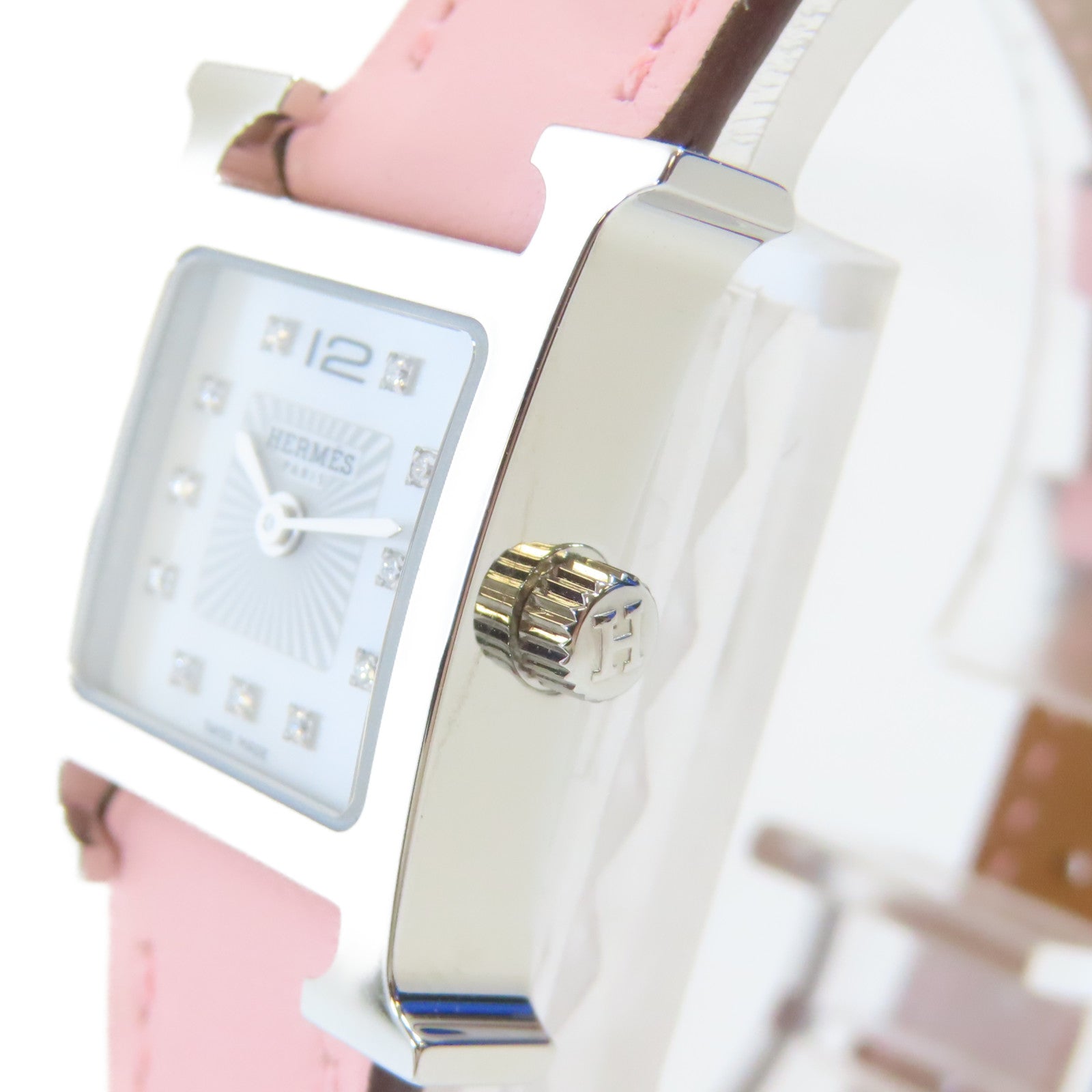 HERMES H Watch Mini不鏽鋼/皮革手錶石英機芯銀色/Rose Sakura櫻花粉紅色#15.5cm