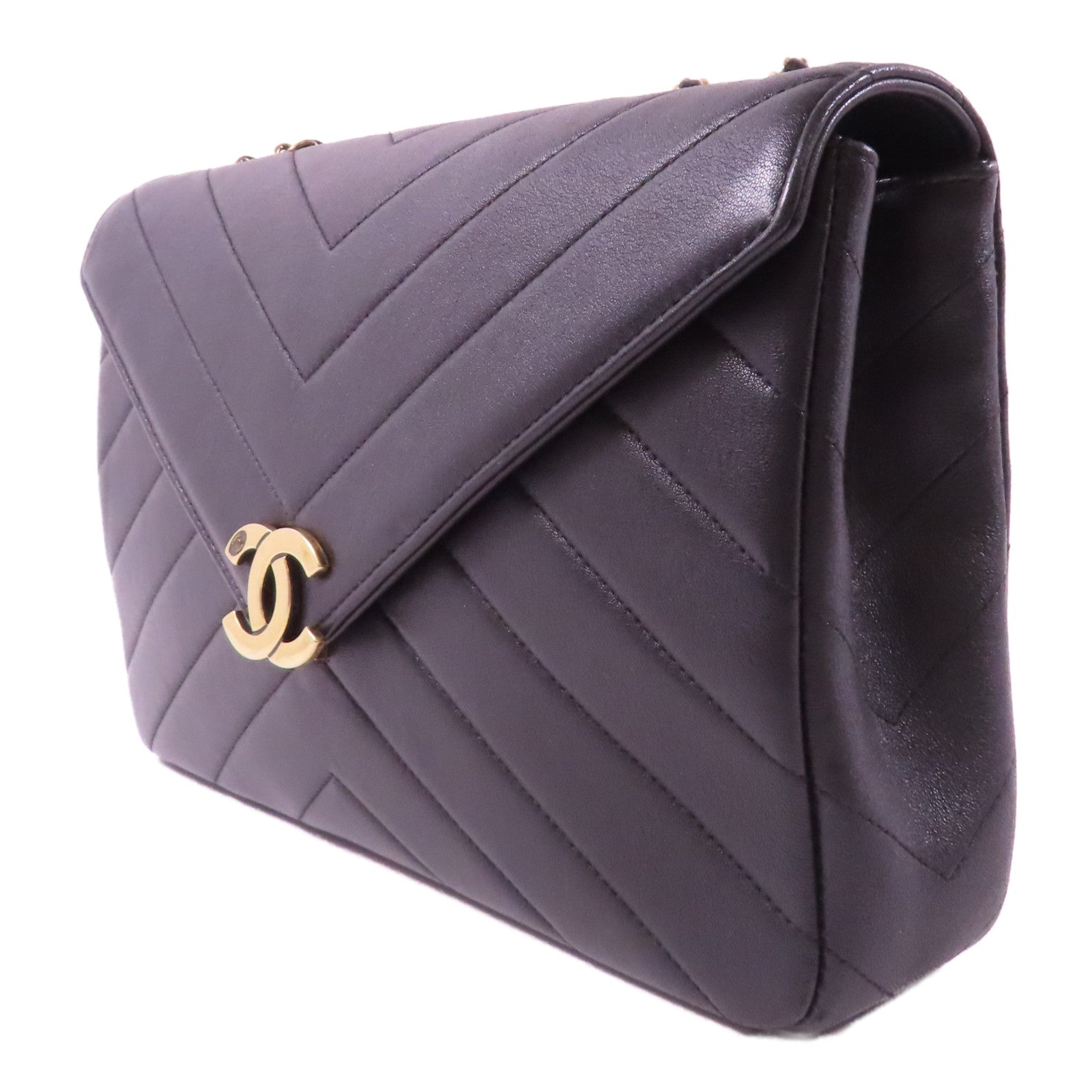 CHANEL 斜紋牛皮皮革Chain Shoulder金扣鏈帶肩背袋黑色