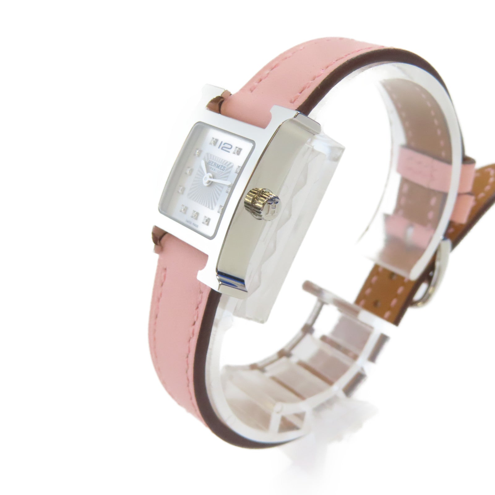HERMES H Watch Mini不鏽鋼/皮革手錶石英機芯銀色/Rose Sakura櫻花粉紅色#15.5cm