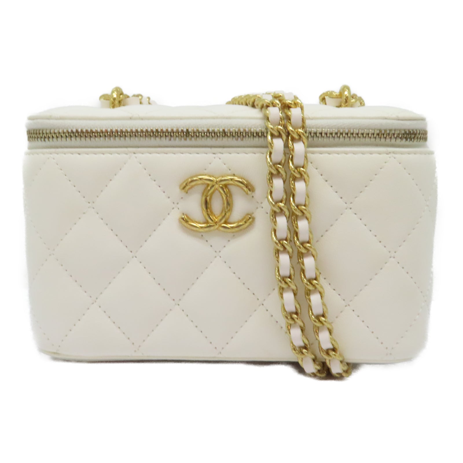 CHANEL 菱格羊皮皮革Vanity金扣鏈帶肩背袋白色