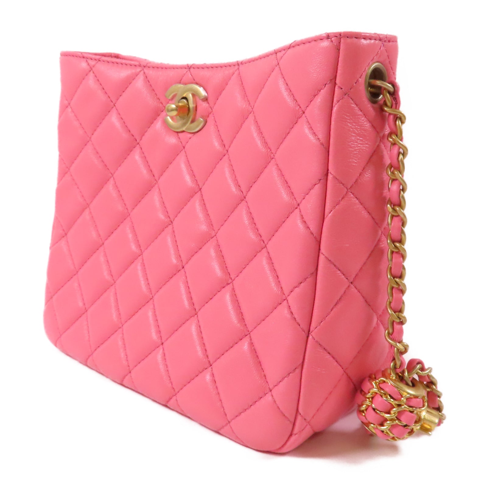 CHANEL 【激減優惠】菱格羊皮皮革Chain Shoulder金扣鏈帶肩背袋粉紅色