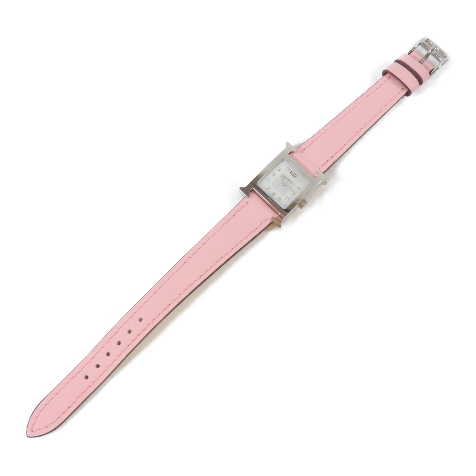HERMES H Watch Mini不鏽鋼/皮革手錶石英機芯銀色/Rose Sakura櫻花粉紅色#15.5cm