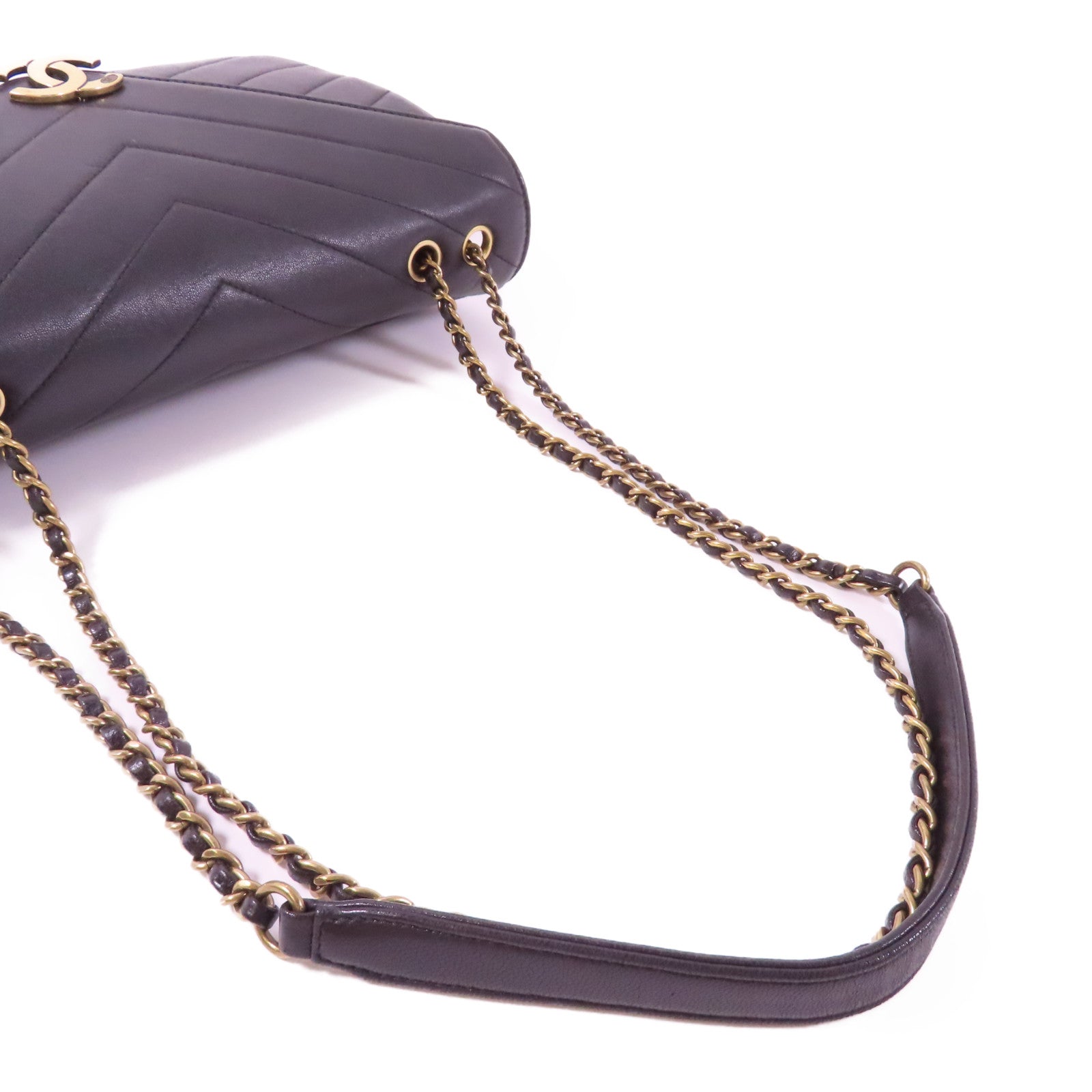 CHANEL 斜紋牛皮皮革Chain Shoulder金扣鏈帶肩背袋黑色