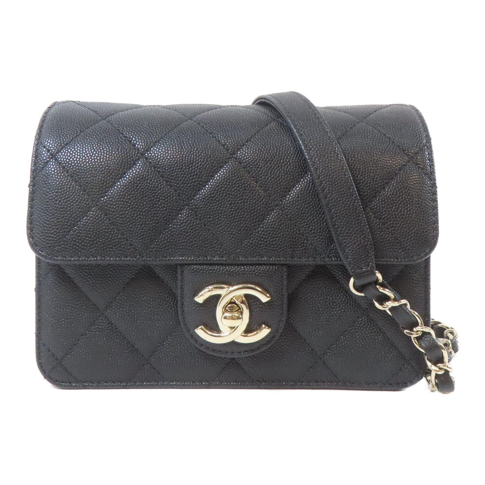 CHANEL 菱格牛皮皮革Chain Flap Bag金扣鏈帶肩背袋黑色