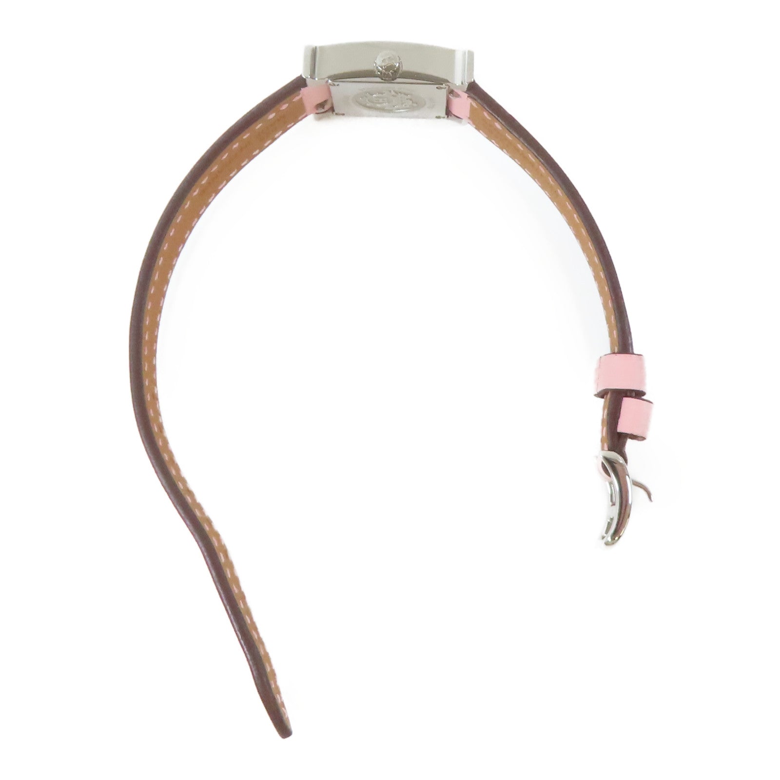 HERMES H Watch Mini不鏽鋼/皮革手錶石英機芯銀色/Rose Sakura櫻花粉紅色#15.5cm