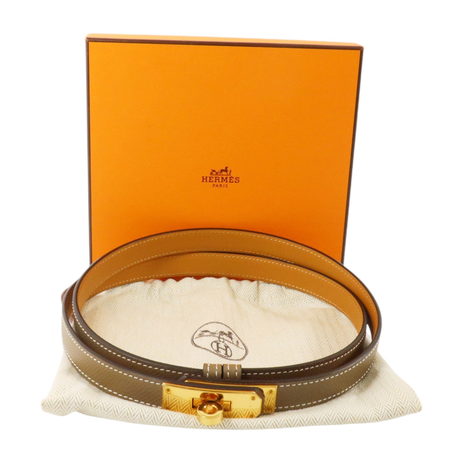 HERMES Epsom皮革Kelly 18 Belt金扣皮帶Etoupe