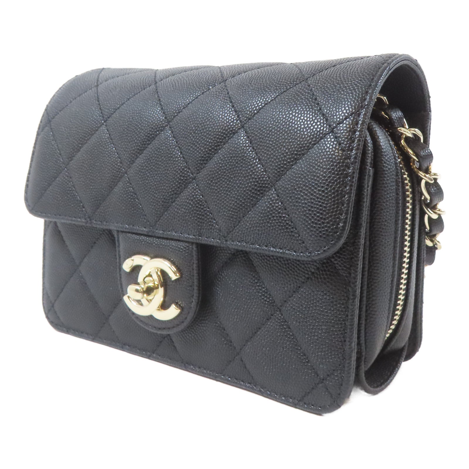 CHANEL 菱格牛皮皮革Chain Flap Bag金扣鏈帶肩背袋黑色