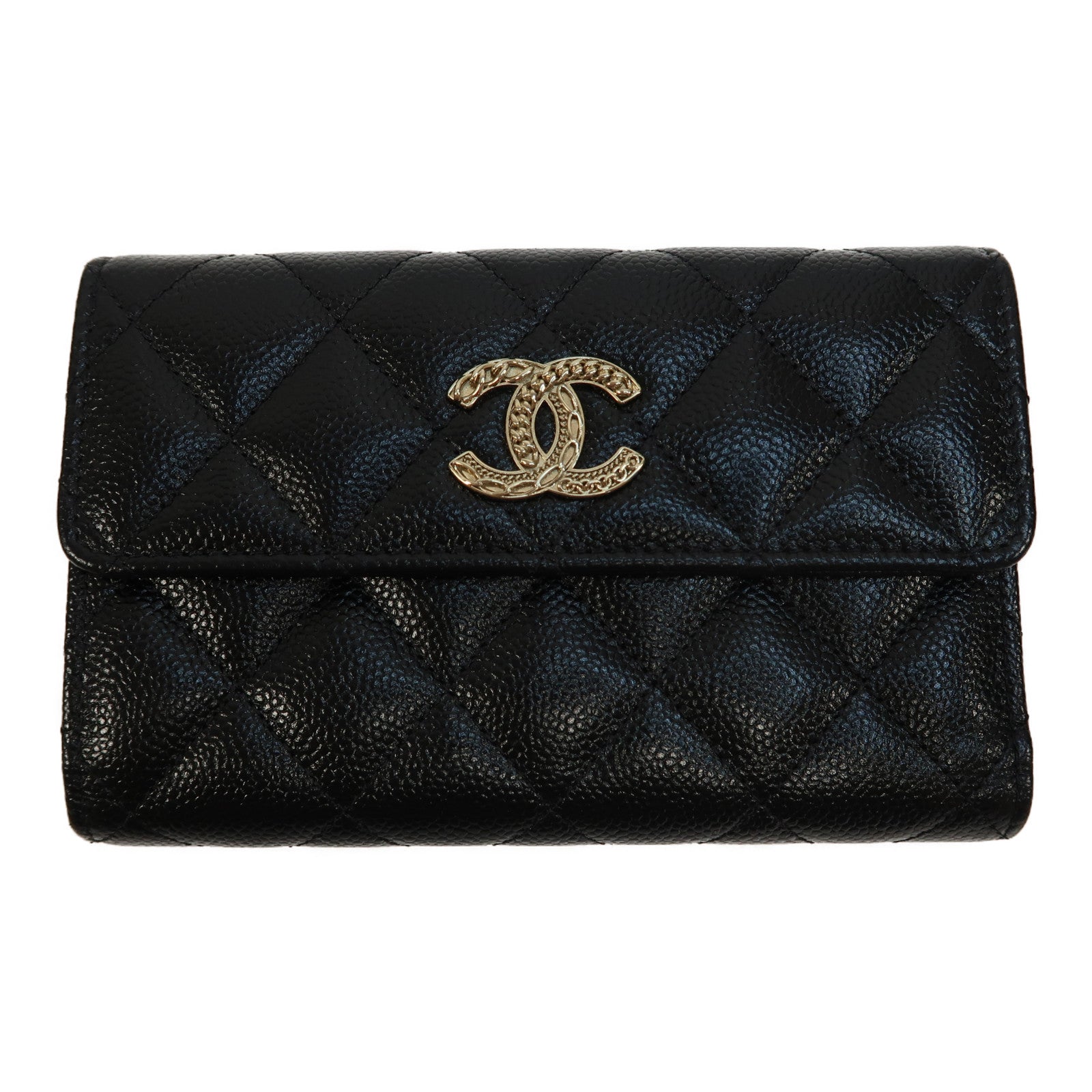 CHANEL 菱格Caviar皮革Wallet金扣長錢包黑色