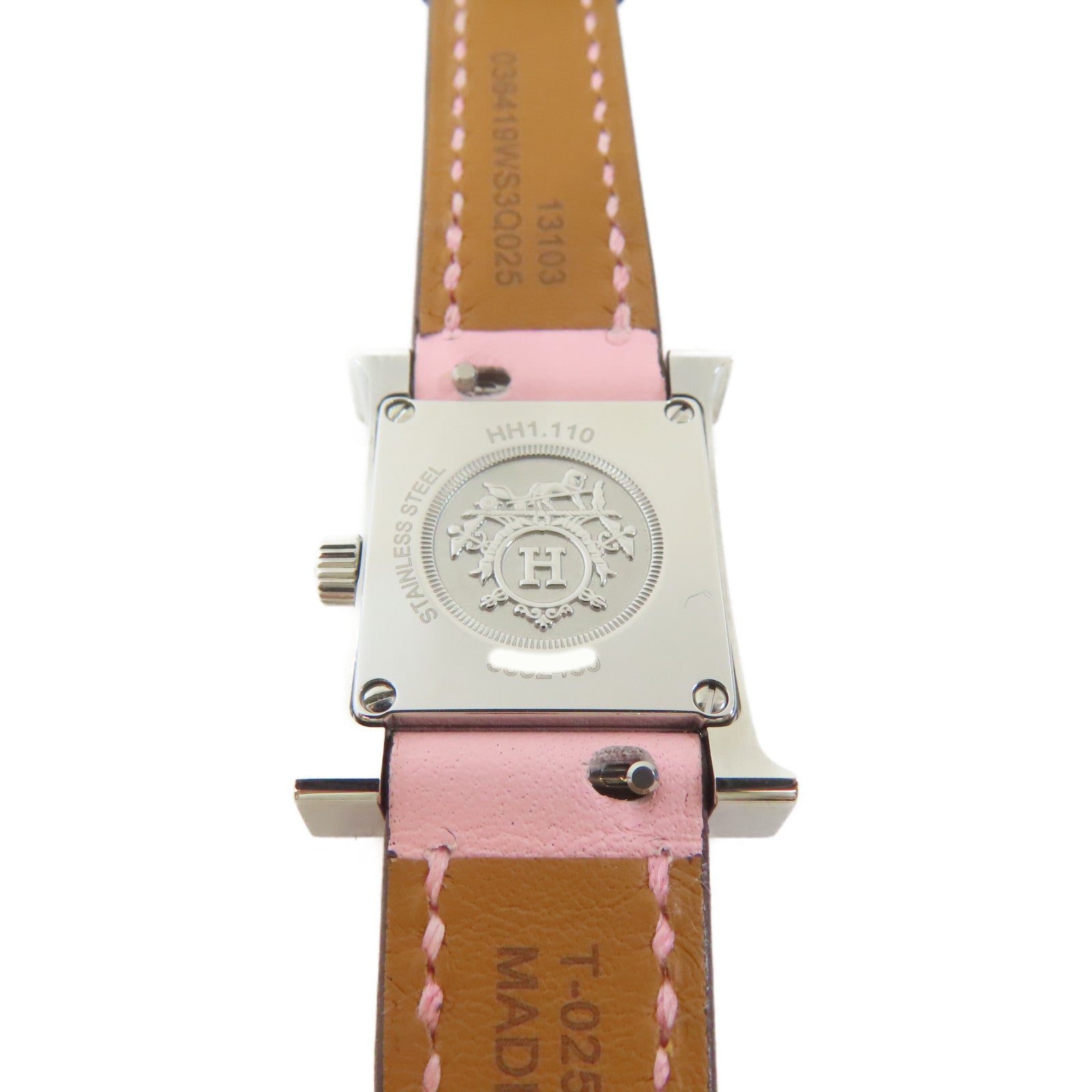 HERMES H Watch Mini不鏽鋼/皮革手錶石英機芯銀色/Rose Sakura櫻花粉紅色#15.5cm