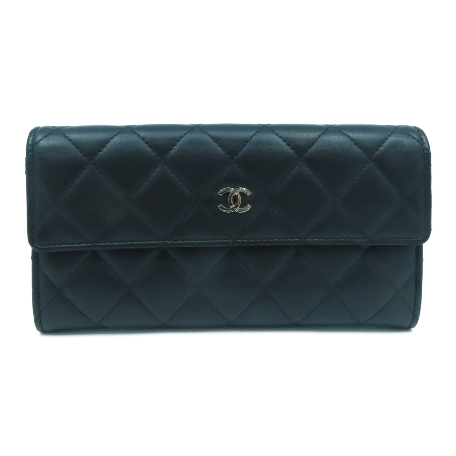 CHANEL 【激減優惠】菱格羊皮皮革Long Wallet銀扣長錢包黑色