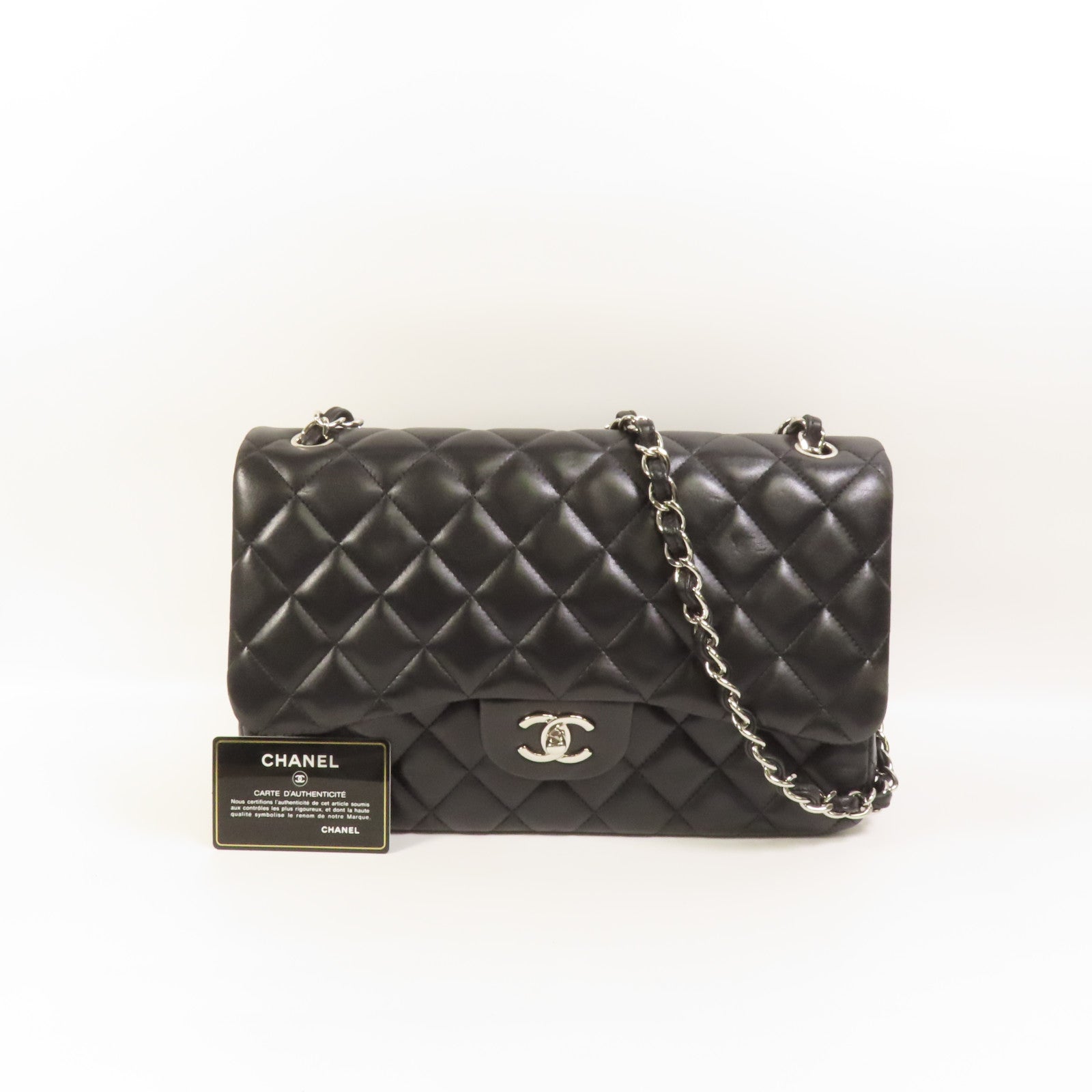 CHANEL 羊皮皮革Large Classic銀扣鏈帶肩背袋