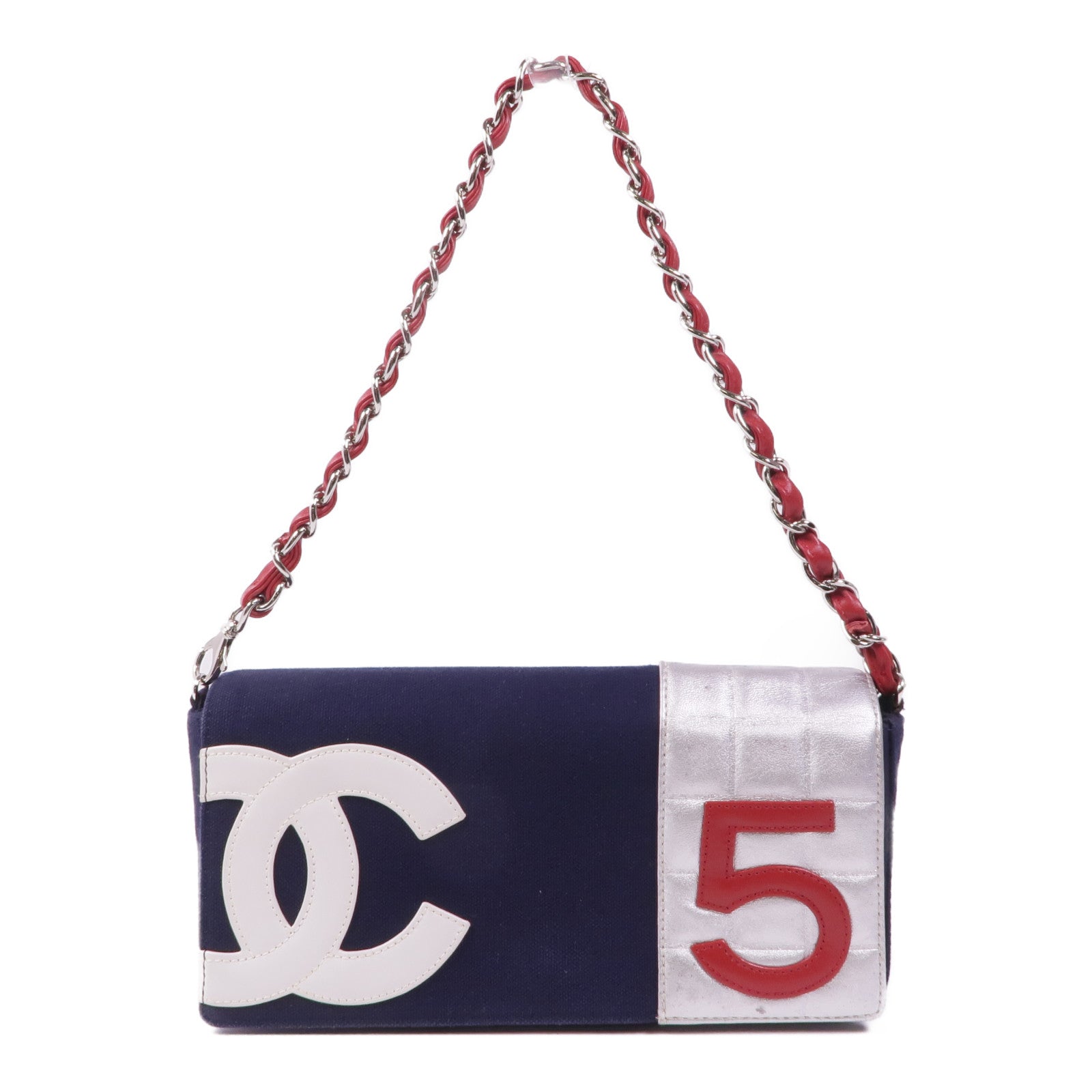 CHANEL 帆布Chain Shoulder Bag銀扣鏈帶肩背袋