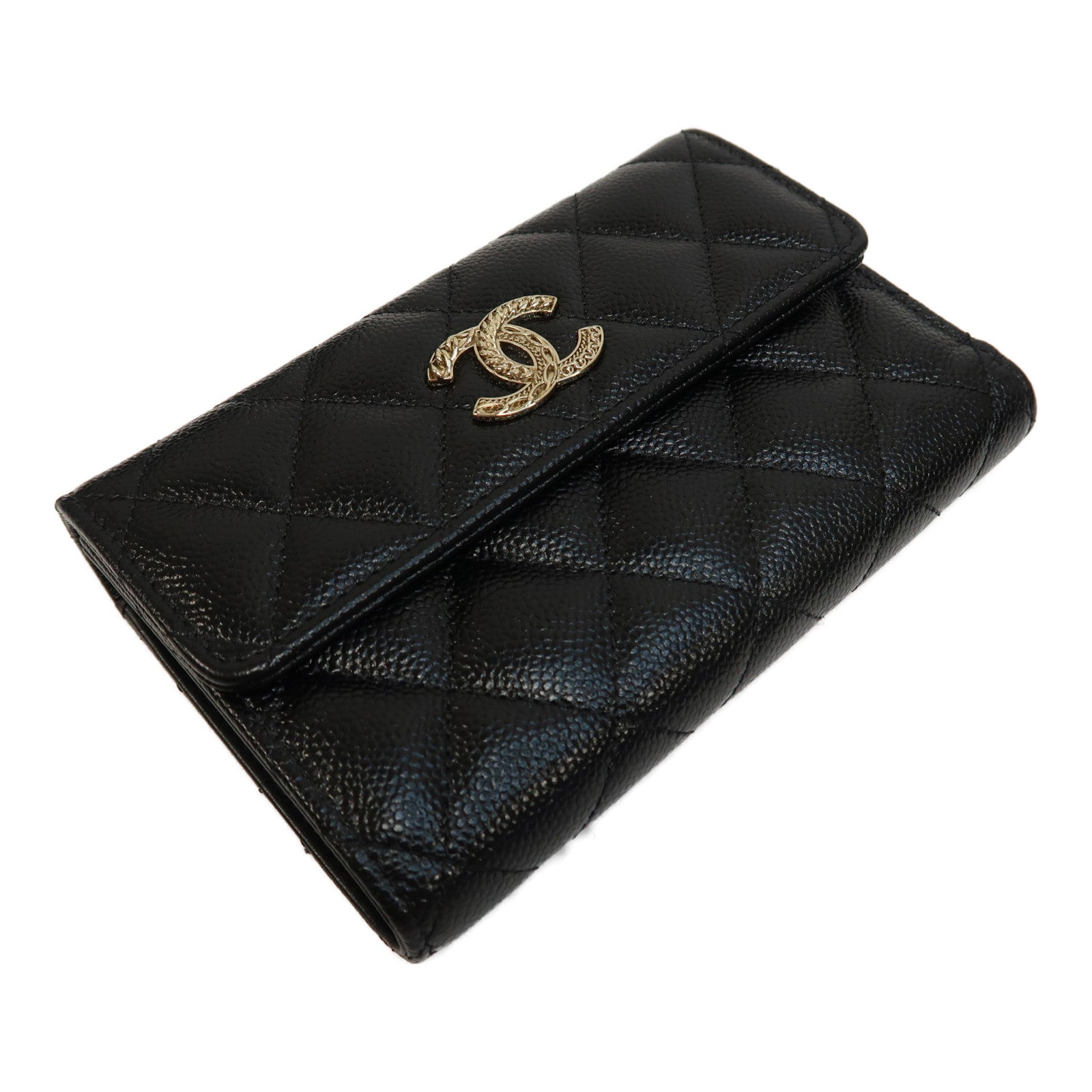CHANEL 菱格Caviar皮革Wallet金扣長錢包黑色