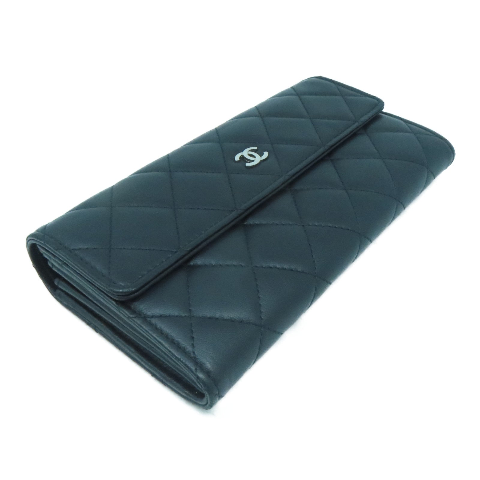 CHANEL 【激減優惠】菱格羊皮皮革Long Wallet銀扣長錢包黑色