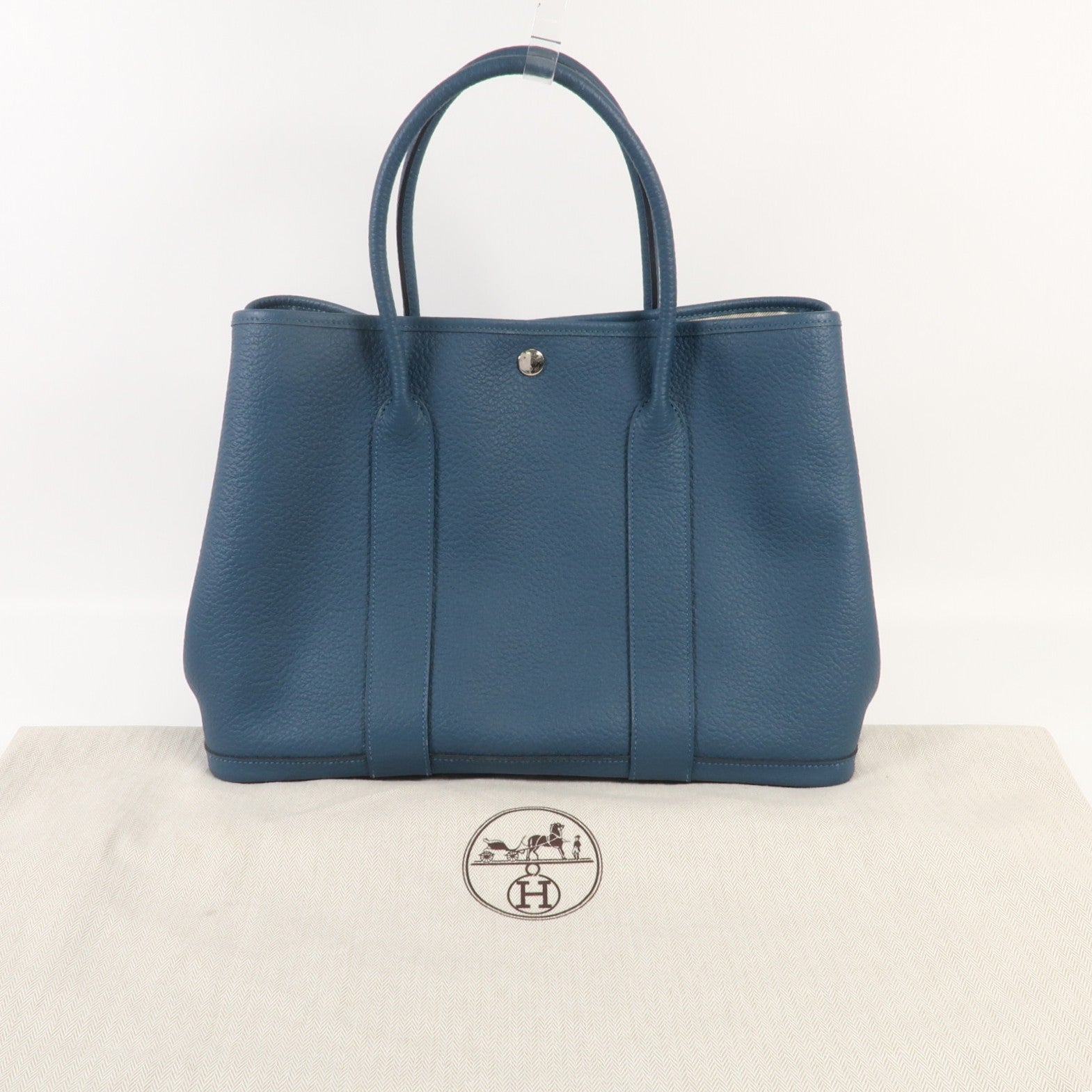HERMES Country皮革Garden Party PM銀扣手挽袋Bleu De Prusse