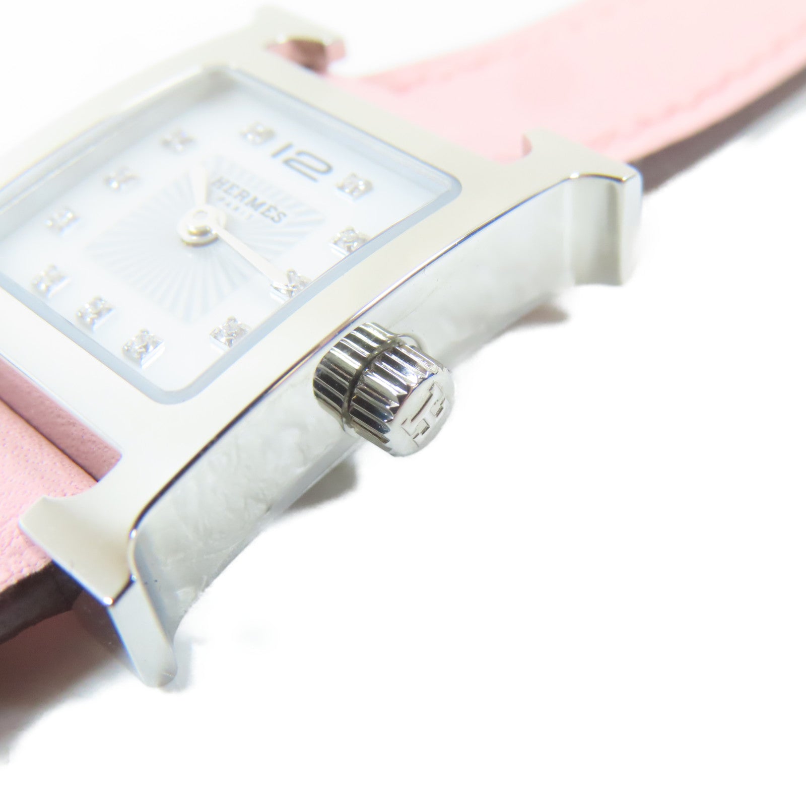 HERMES H Watch Mini不鏽鋼/皮革手錶石英機芯銀色/Rose Sakura櫻花粉紅色#15.5cm