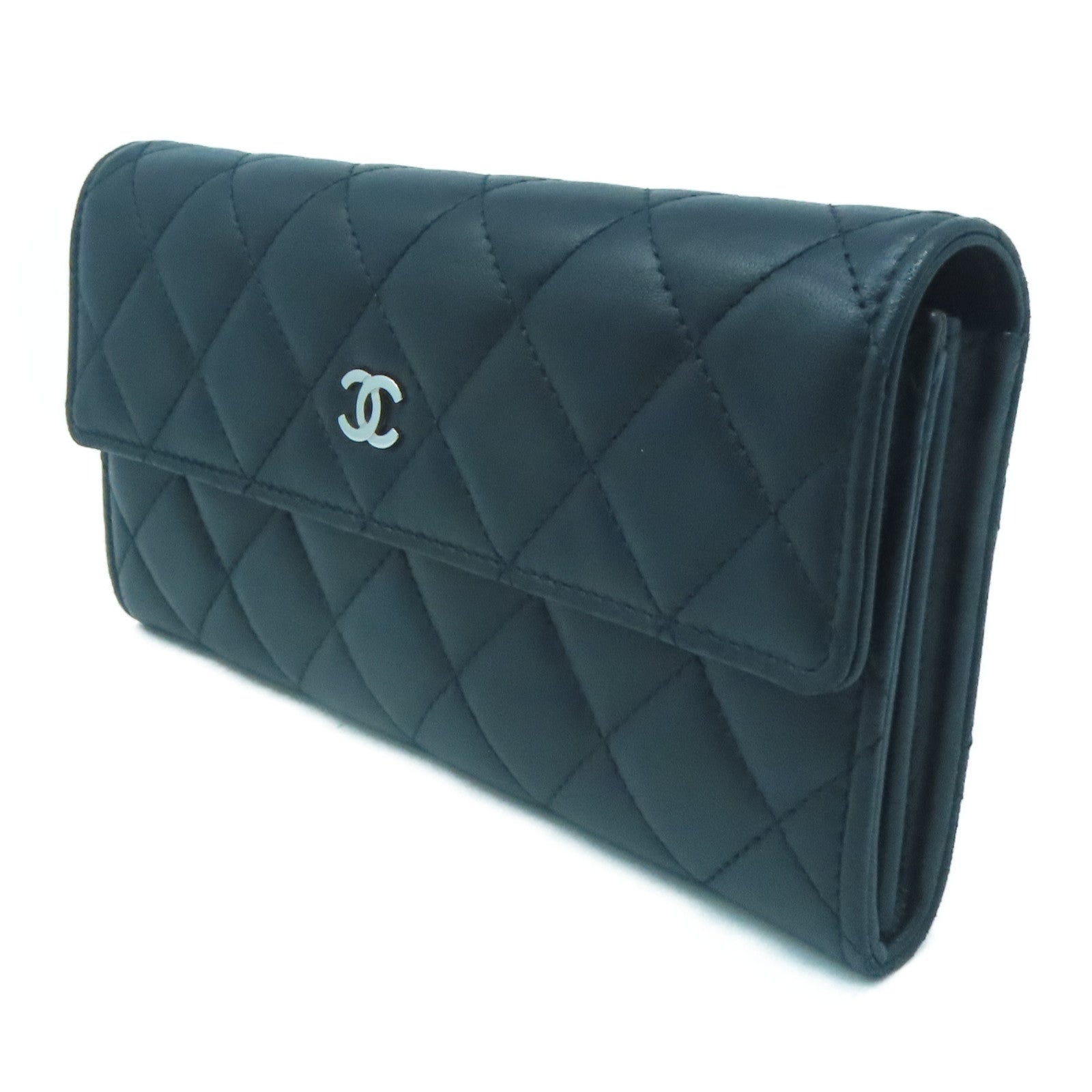 CHANEL 【激減優惠】菱格羊皮皮革Long Wallet銀扣長錢包黑色