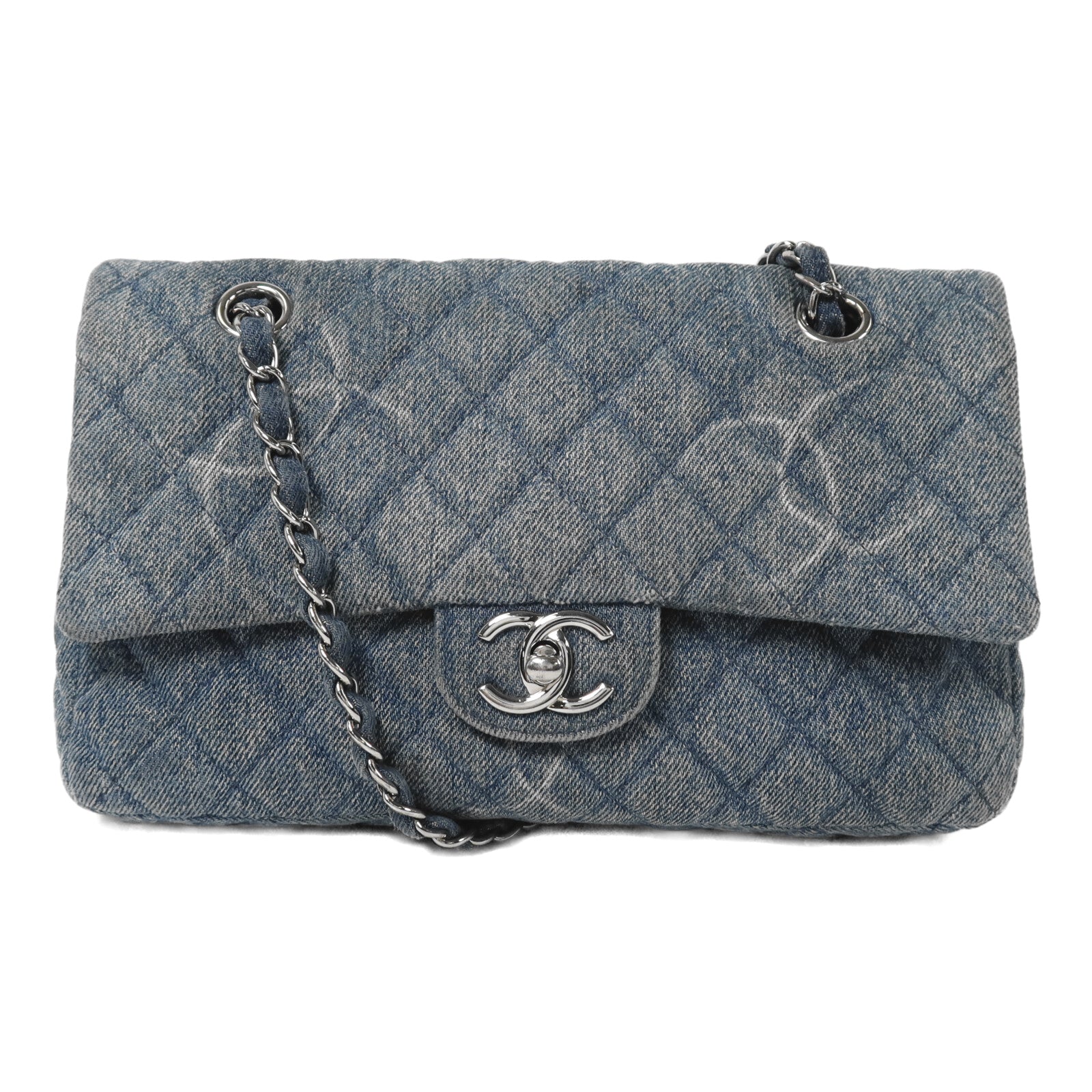 CHANEL 牛仔布Classic 25銀扣鏈帶肩背袋
