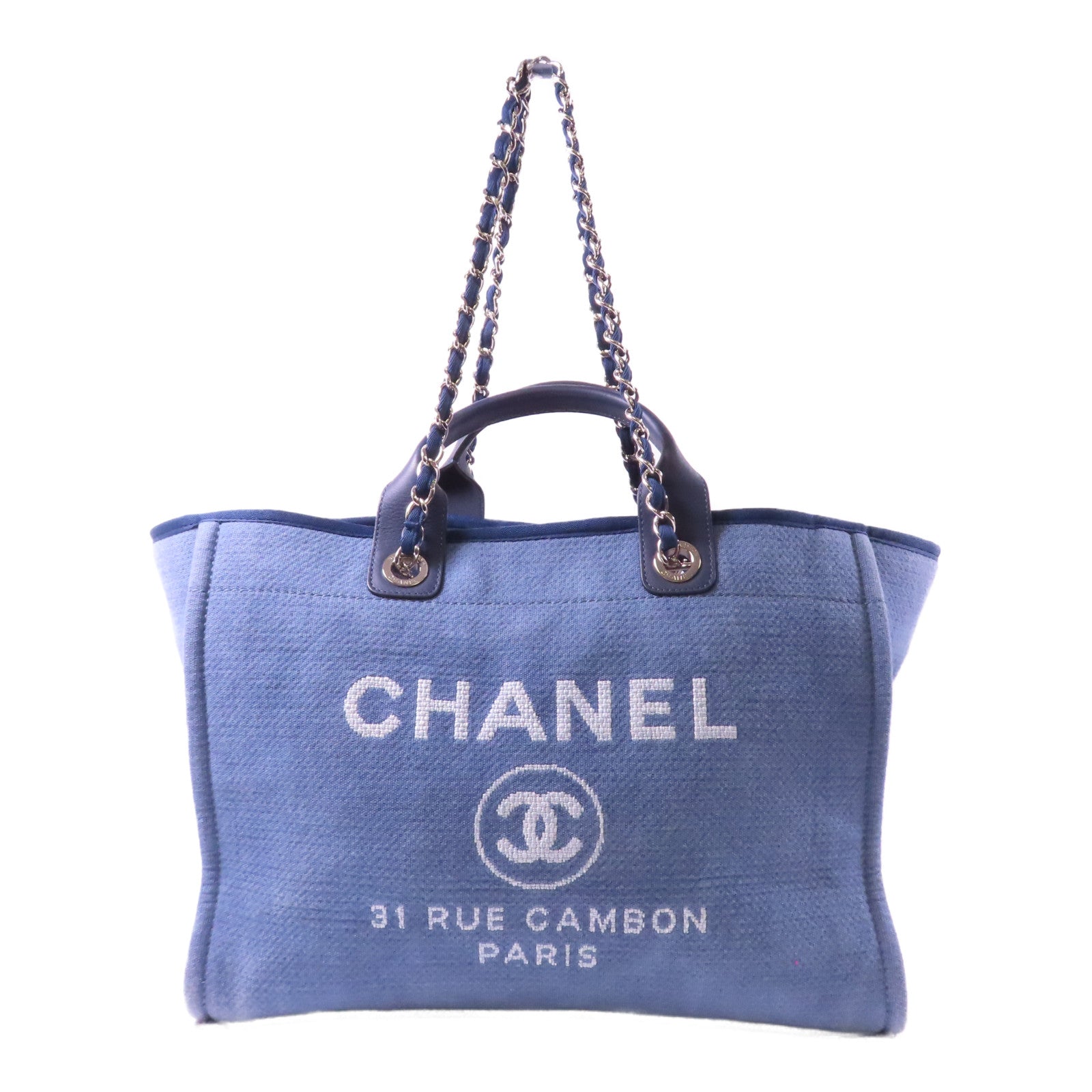 CHANEL 【激減優惠】帆布Deauville Tote Large銀扣手挽肩背兩用袋藍色