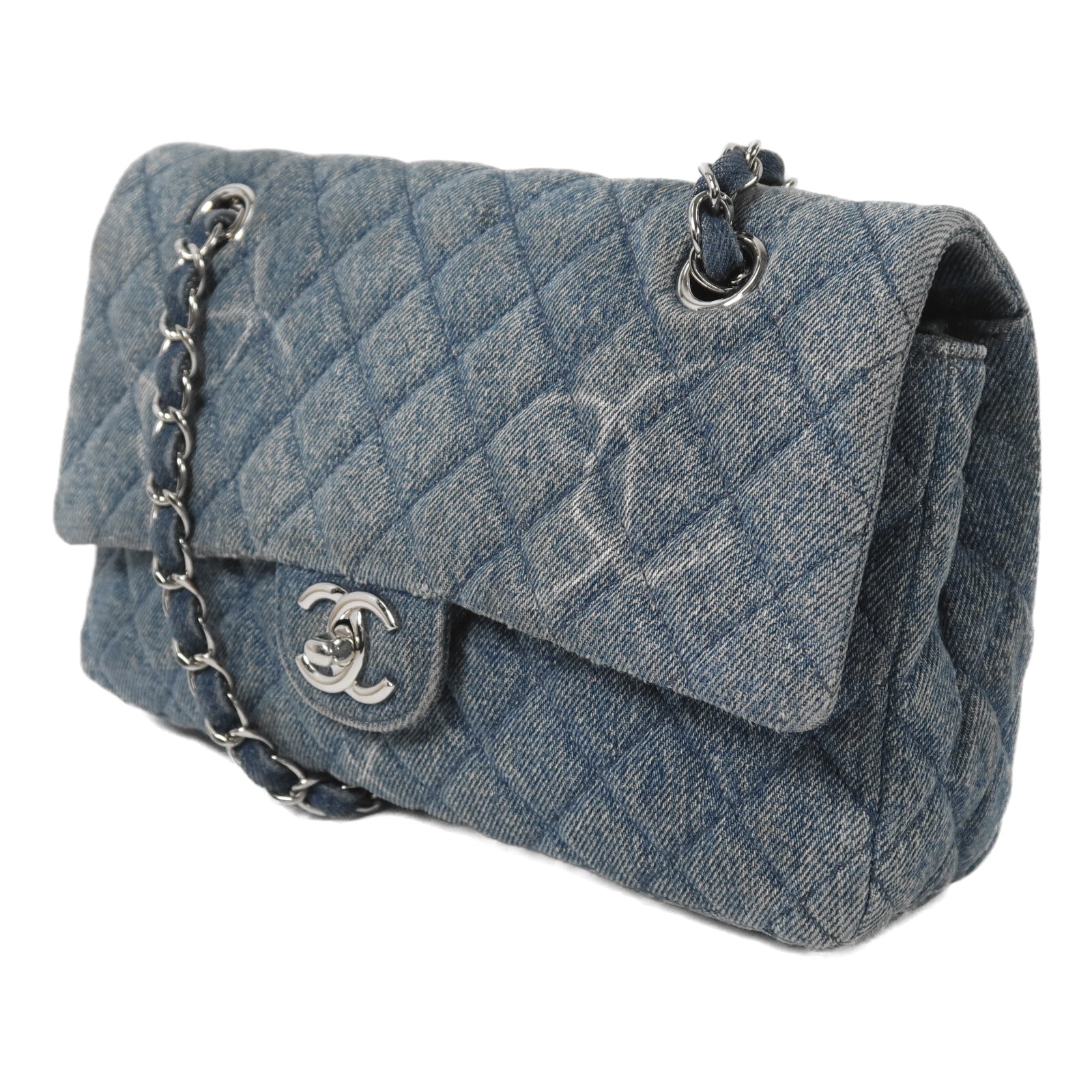 CHANEL 牛仔布Classic 25銀扣鏈帶肩背袋
