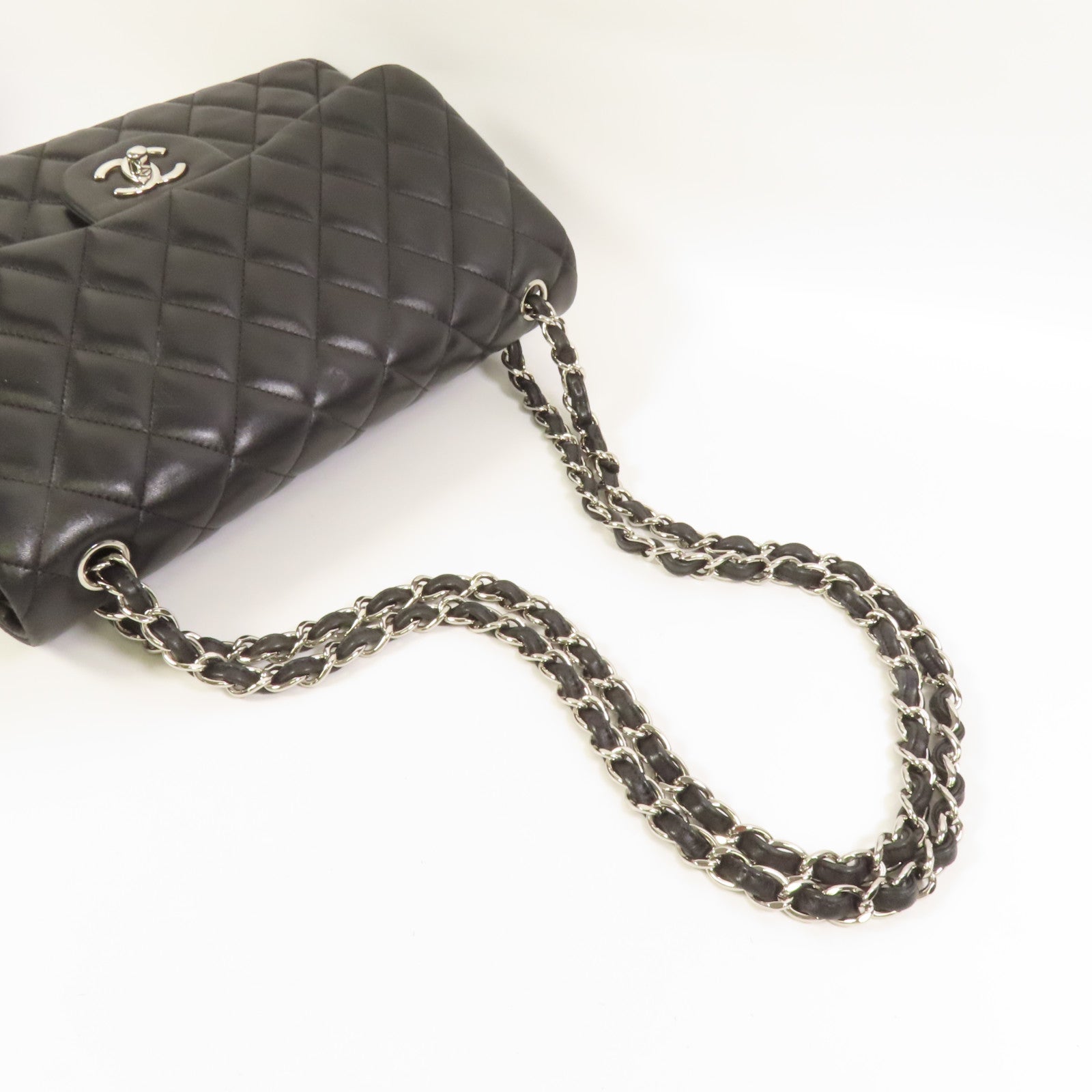 CHANEL 羊皮皮革Large Classic銀扣鏈帶肩背袋