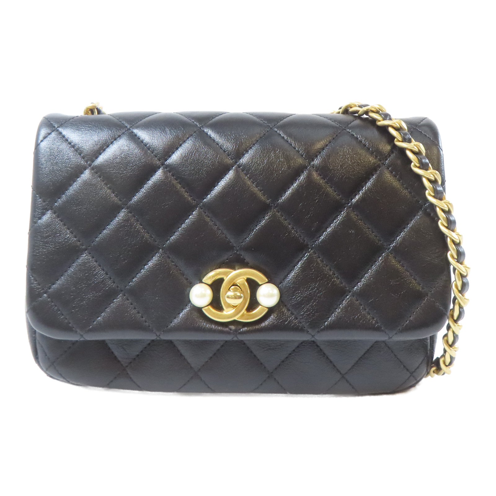 CHANEL 【激減優惠】菱格牛皮皮革Pearl Flap Bag金扣鏈帶肩背袋黑色