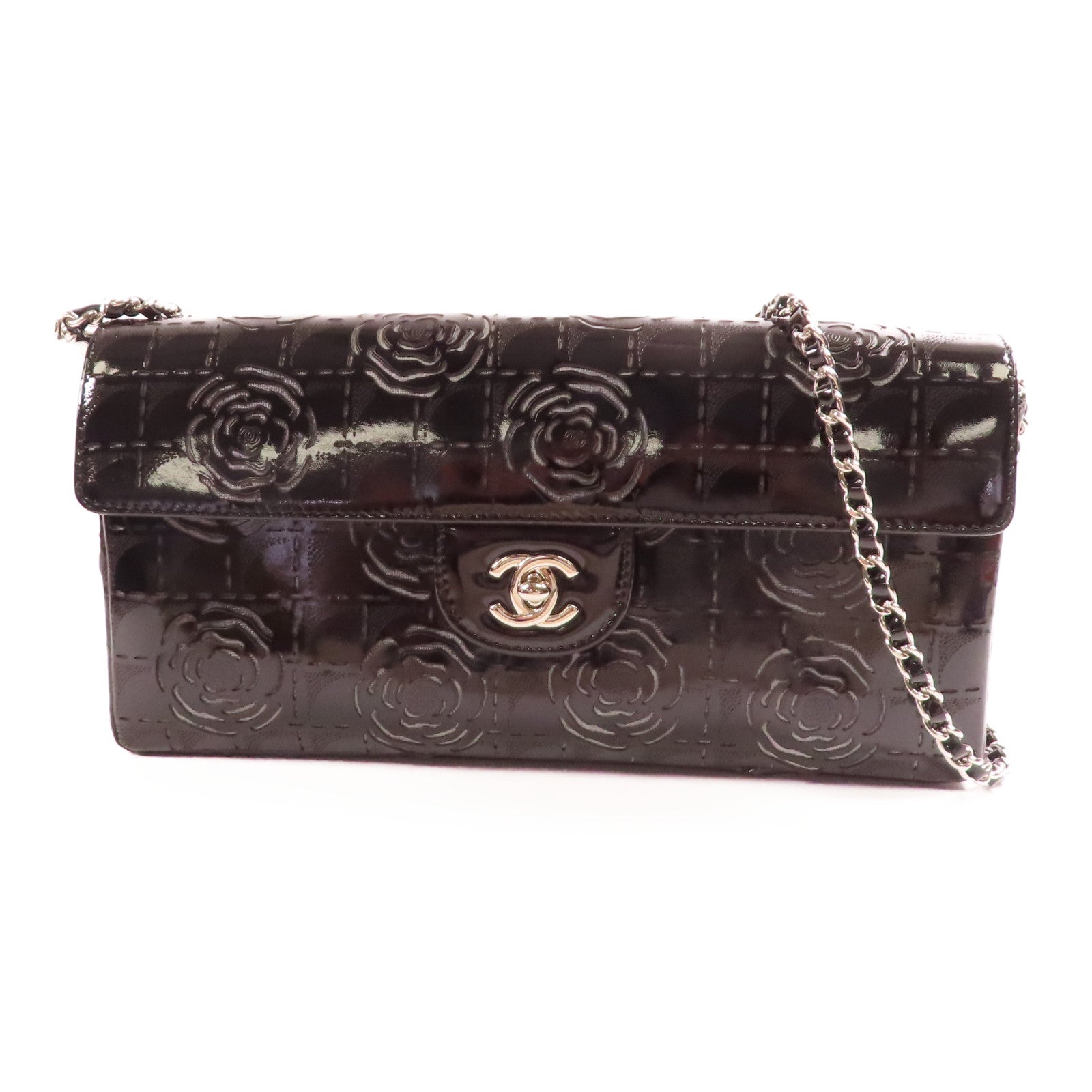 CHANEL 漆皮皮革Camelia Kettentasche Clutch銀扣鏈帶肩背袋