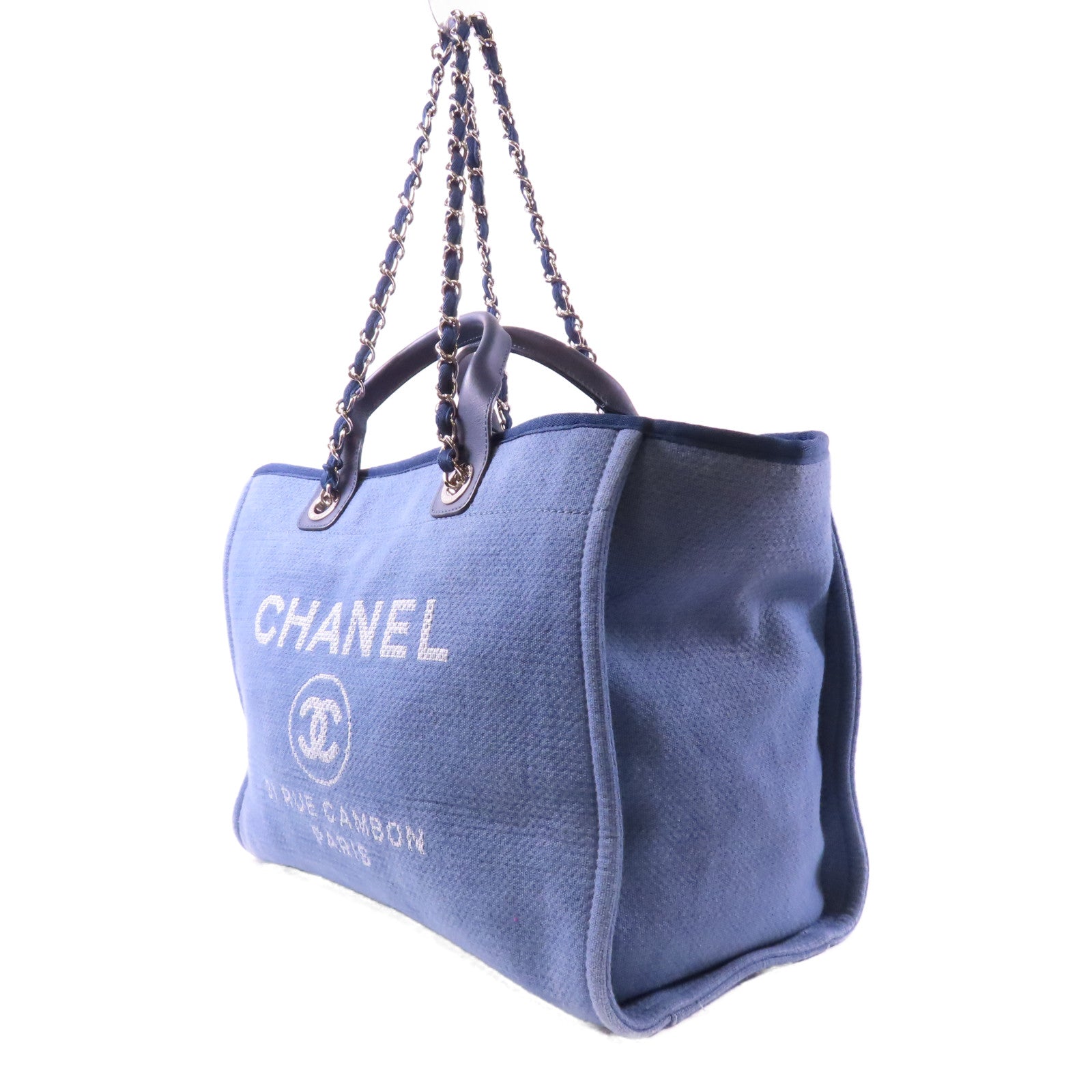 CHANEL 【激減優惠】帆布Deauville Tote Large銀扣手挽肩背兩用袋藍色