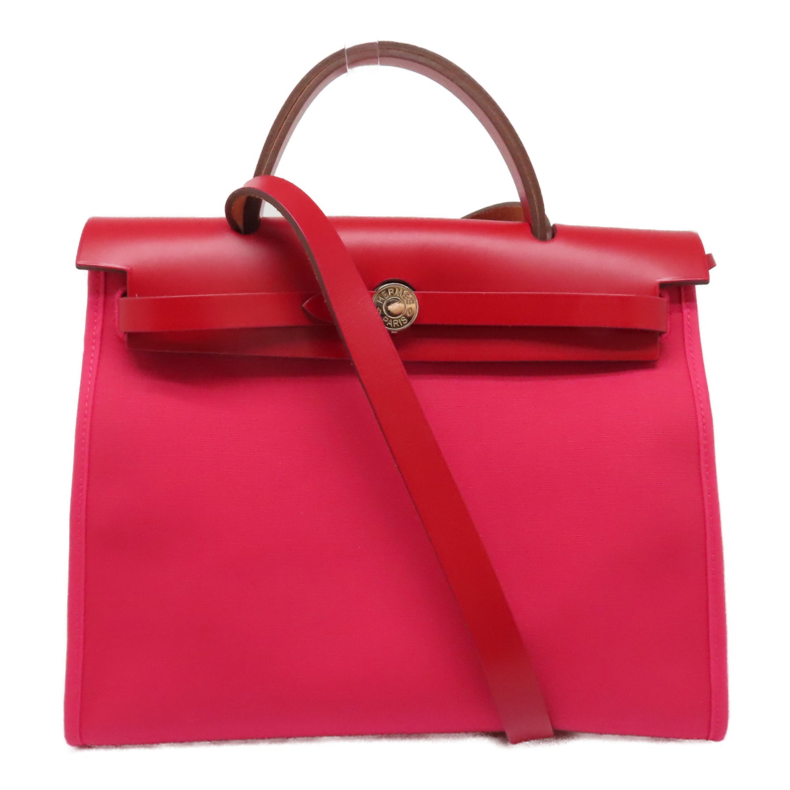 HERMES 【激減優惠】帆布Herbag PM銀扣手挽肩背兩用袋Rouge Piment/紅色