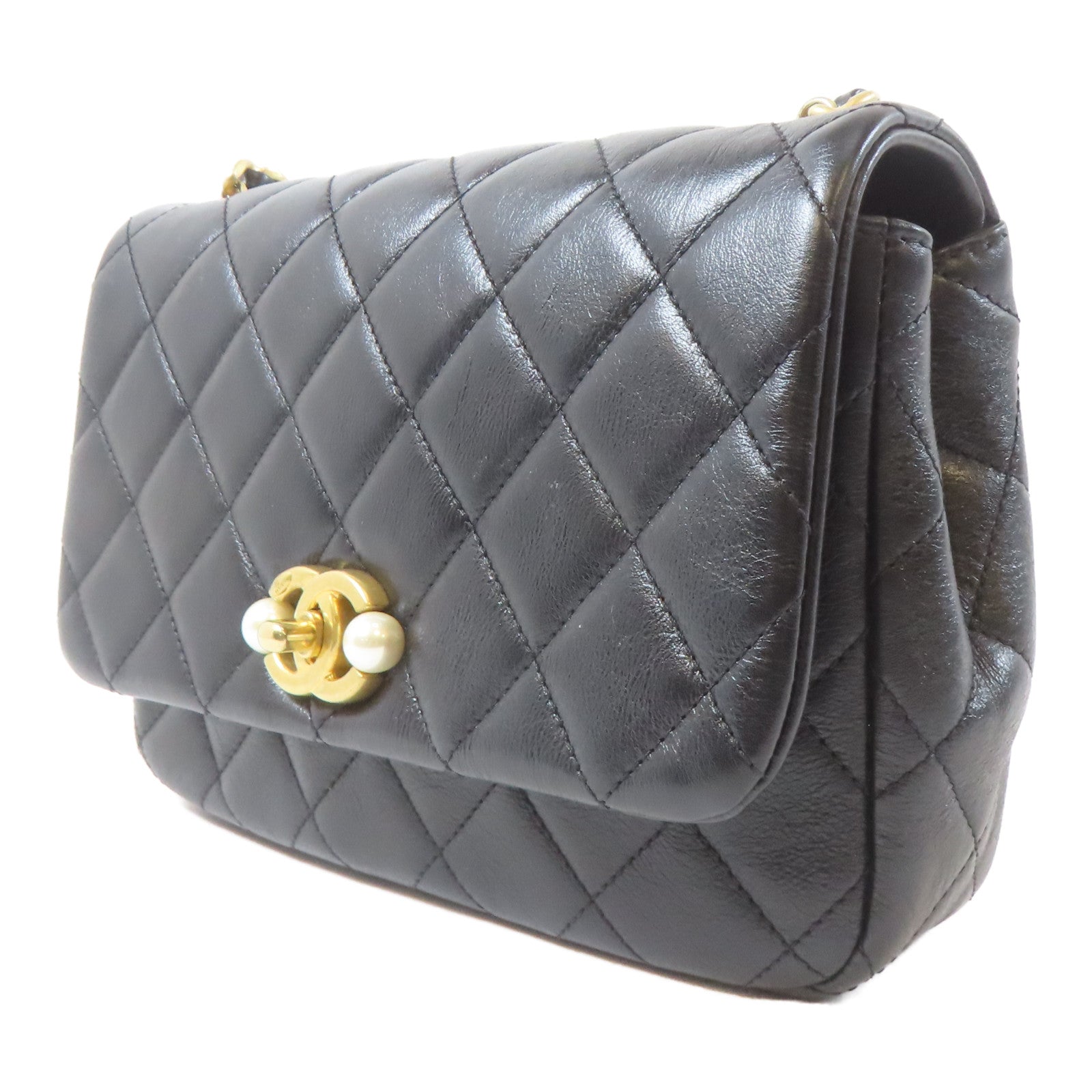 CHANEL 【激減優惠】菱格牛皮皮革Pearl Flap Bag金扣鏈帶肩背袋黑色