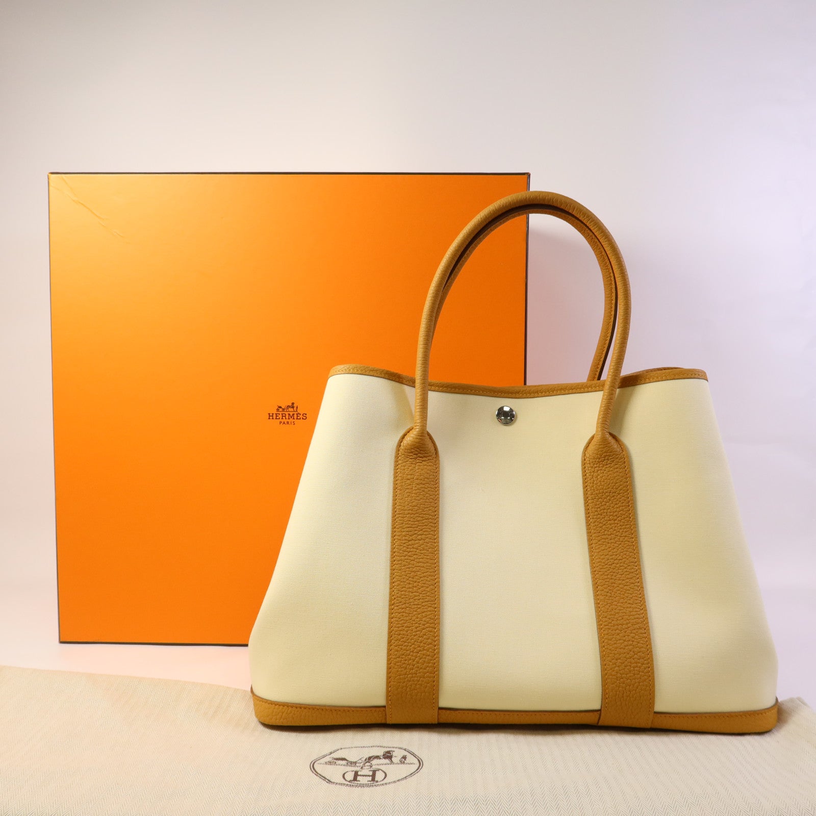 HERMES 帆布/皮革Garden Party PM銀扣手挽袋