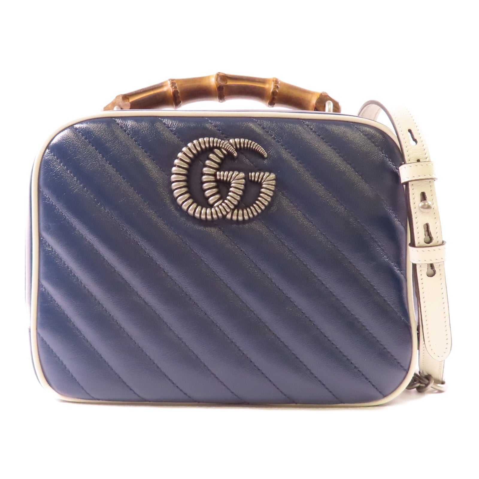 GUCCI GG SHW GG Marmont 2 Way Shoulder Hand Bag 602270 Calfskin Leather Navy