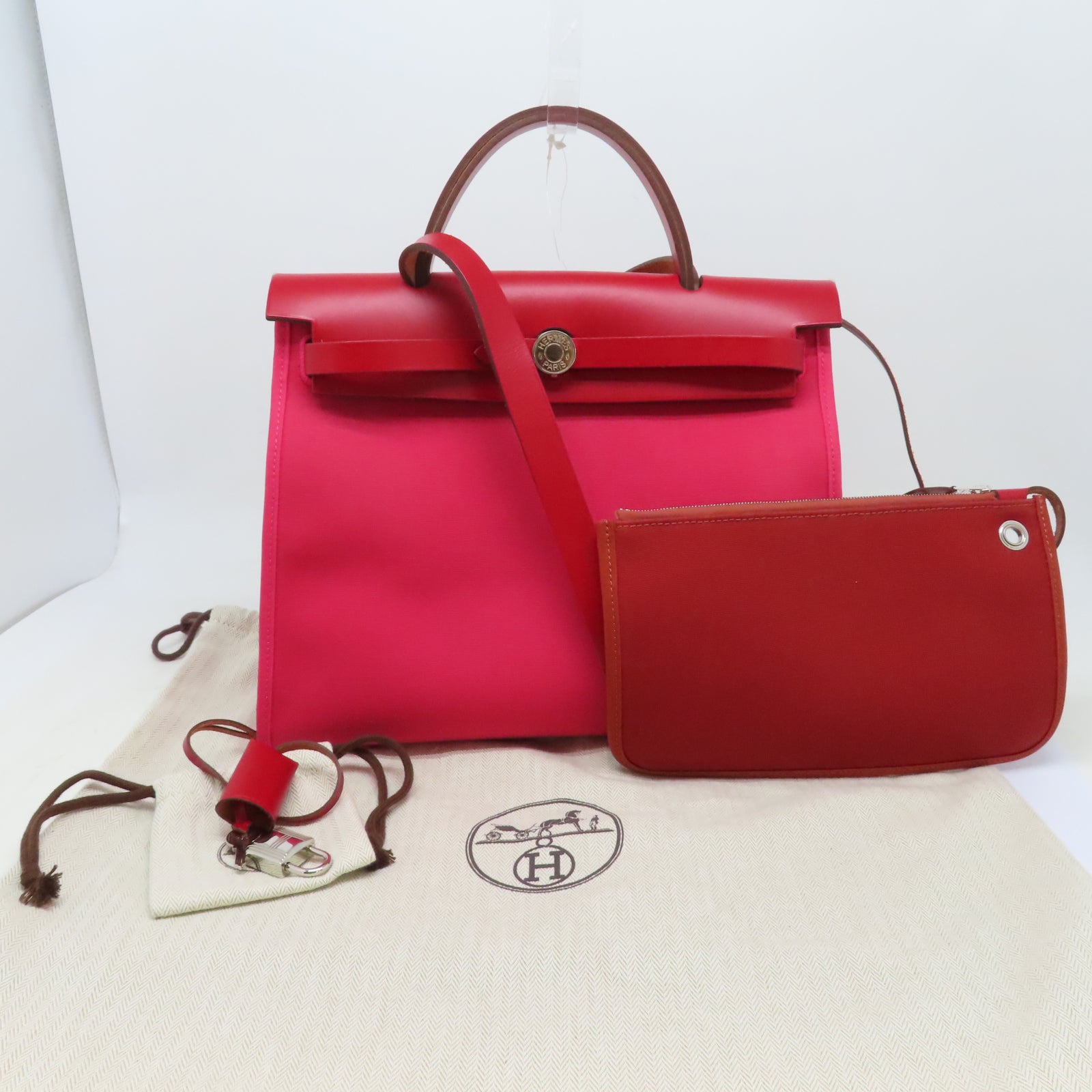 HERMES 【激減優惠】帆布Herbag PM銀扣手挽肩背兩用袋Rouge Piment/紅色