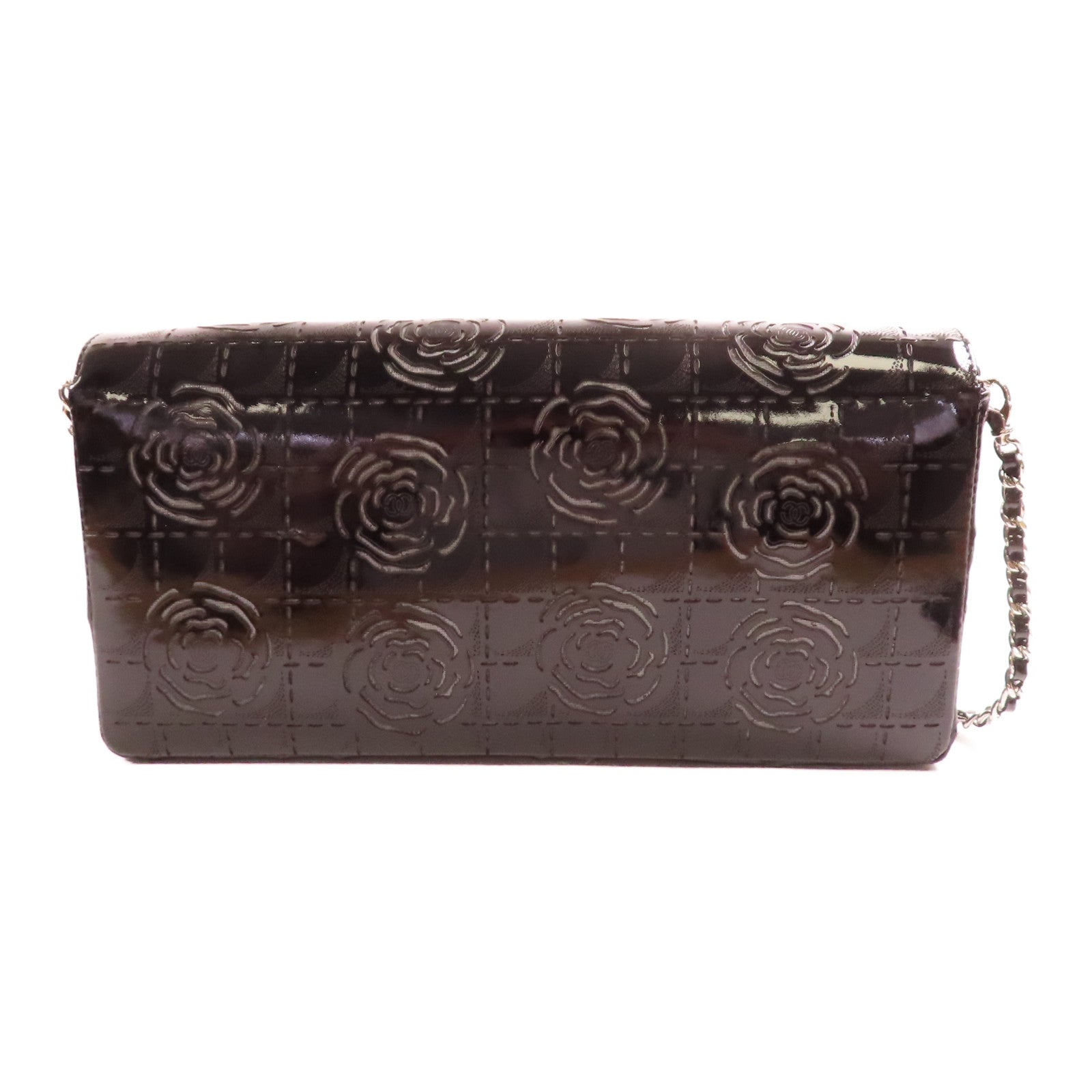 CHANEL 漆皮皮革Camelia Kettentasche Clutch銀扣鏈帶肩背袋
