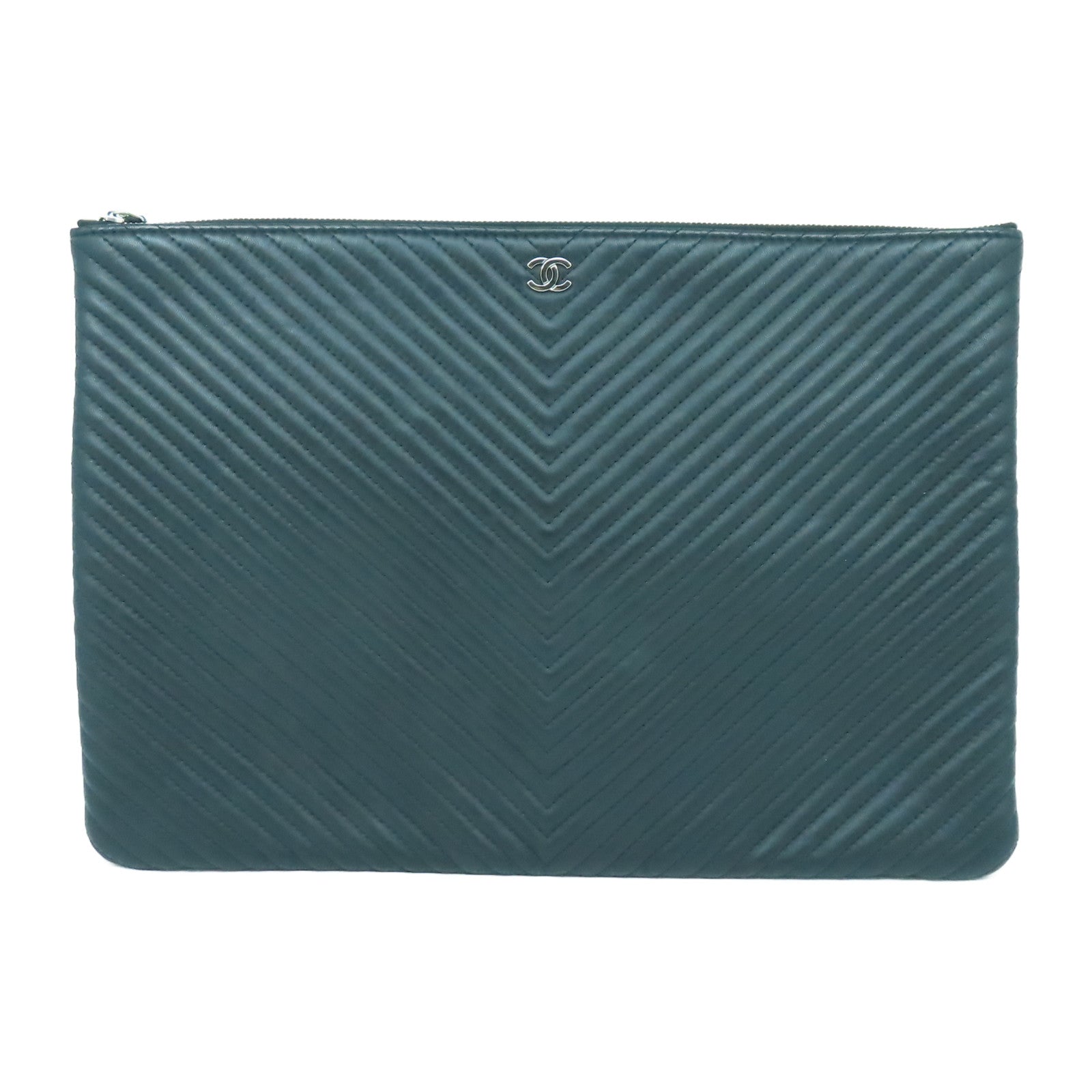 CHANEL 【激減優惠】斜紋羊皮皮革Clutch Bag銀扣手拿包黑色
