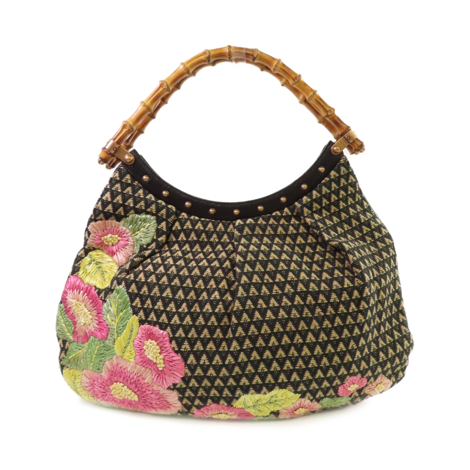 GUCCI 帆布Raffia Flowers Bamboo Hobo金扣手挽袋黑色