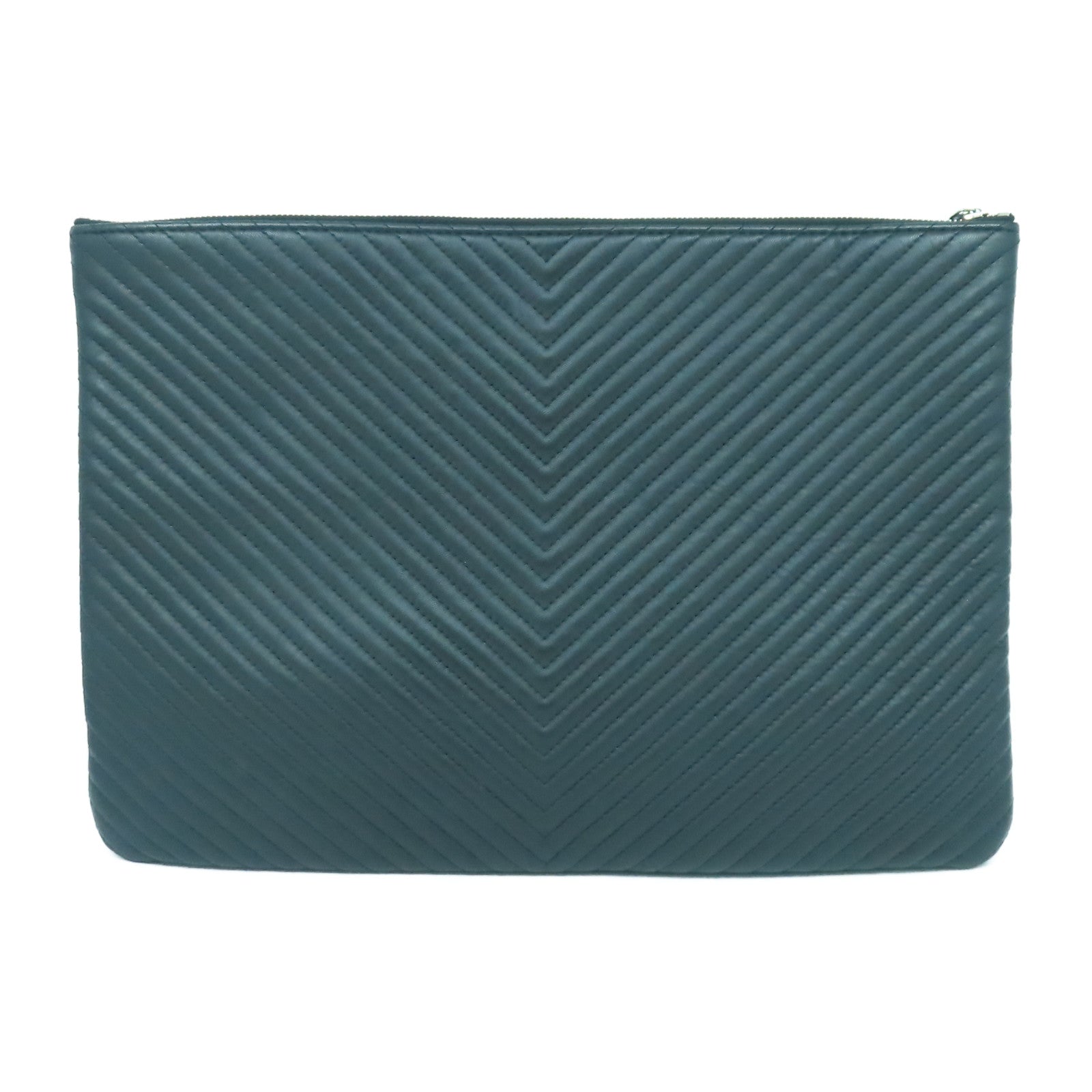 CHANEL 【激減優惠】斜紋羊皮皮革Clutch Bag銀扣手拿包黑色