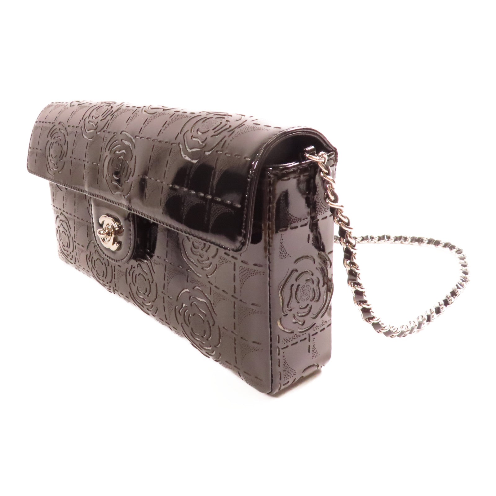 CHANEL 漆皮皮革Camelia Kettentasche Clutch銀扣鏈帶肩背袋