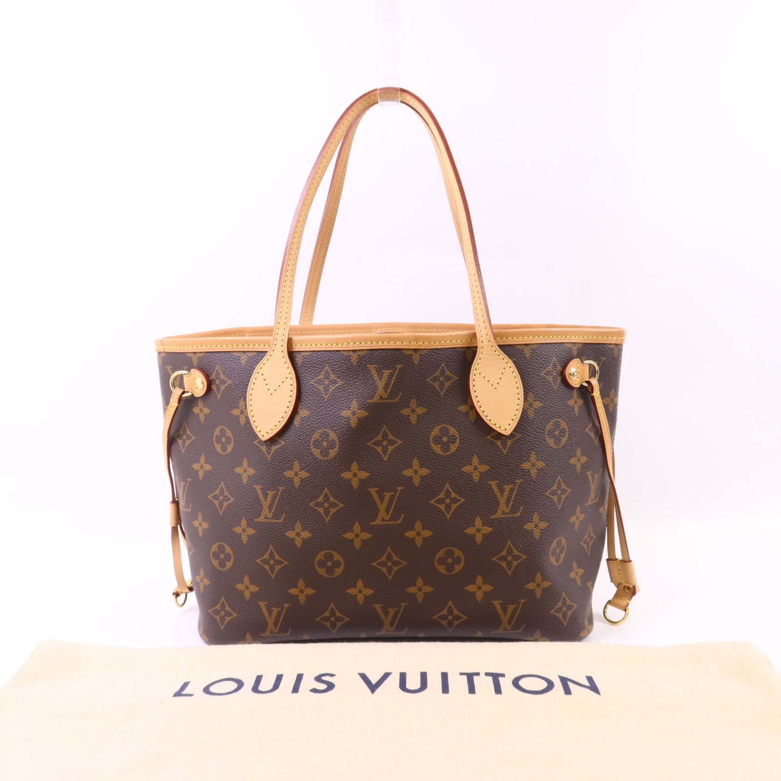 LOUIS VUITTON Monogram Neverfull PM金扣手挽袋棕色