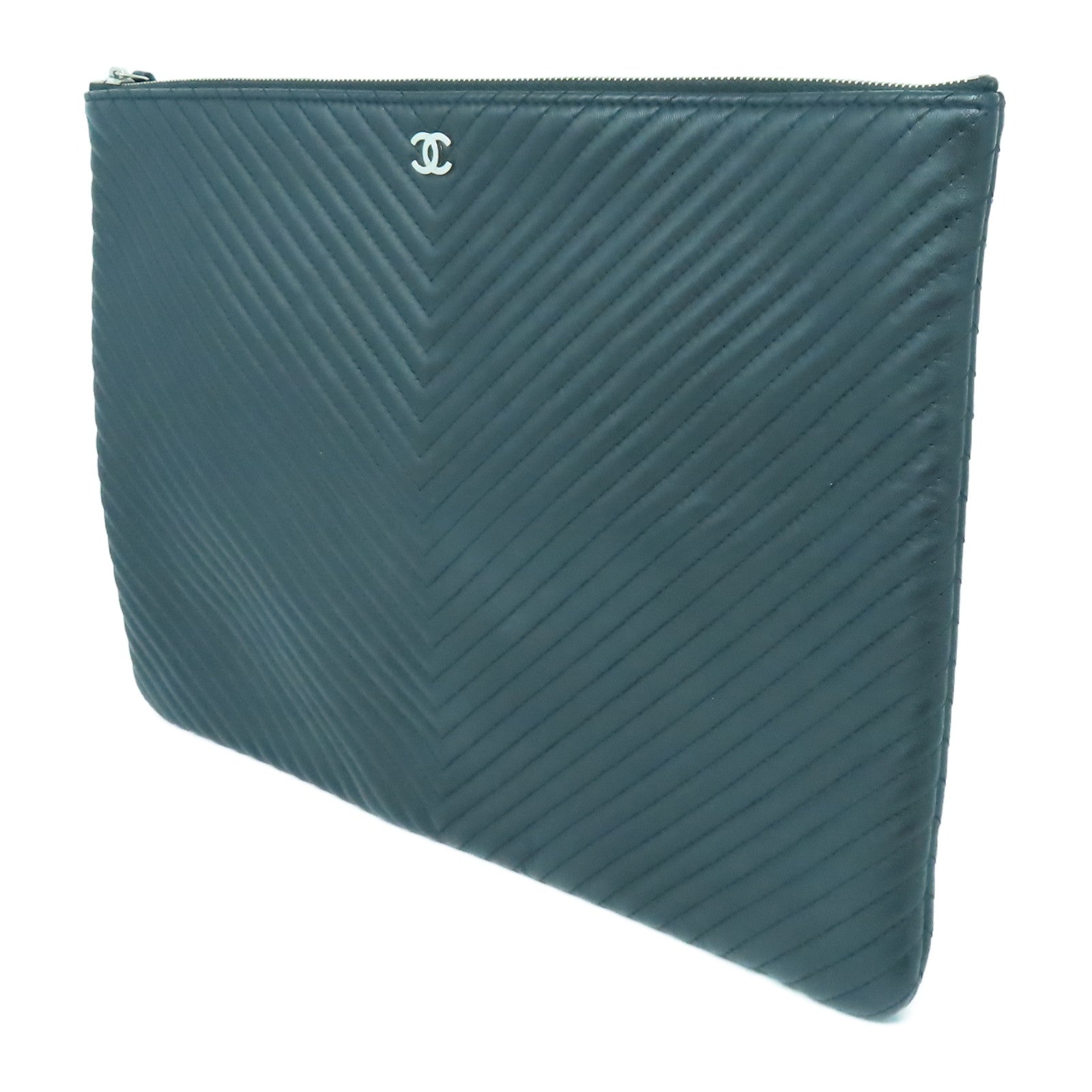 CHANEL 【激減優惠】斜紋羊皮皮革Clutch Bag銀扣手拿包黑色