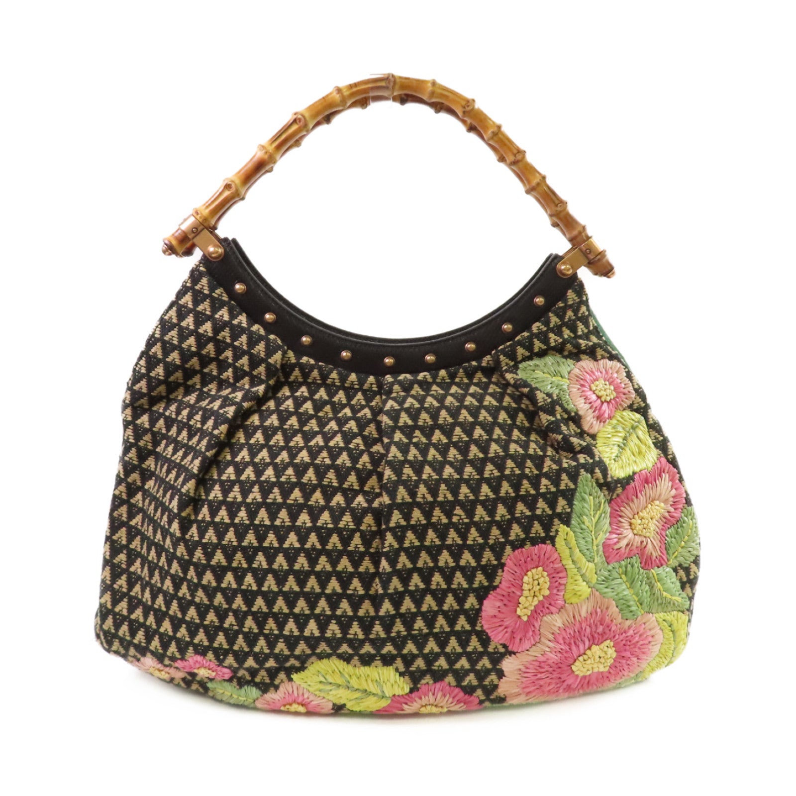 GUCCI 帆布Raffia Flowers Bamboo Hobo金扣手挽袋黑色